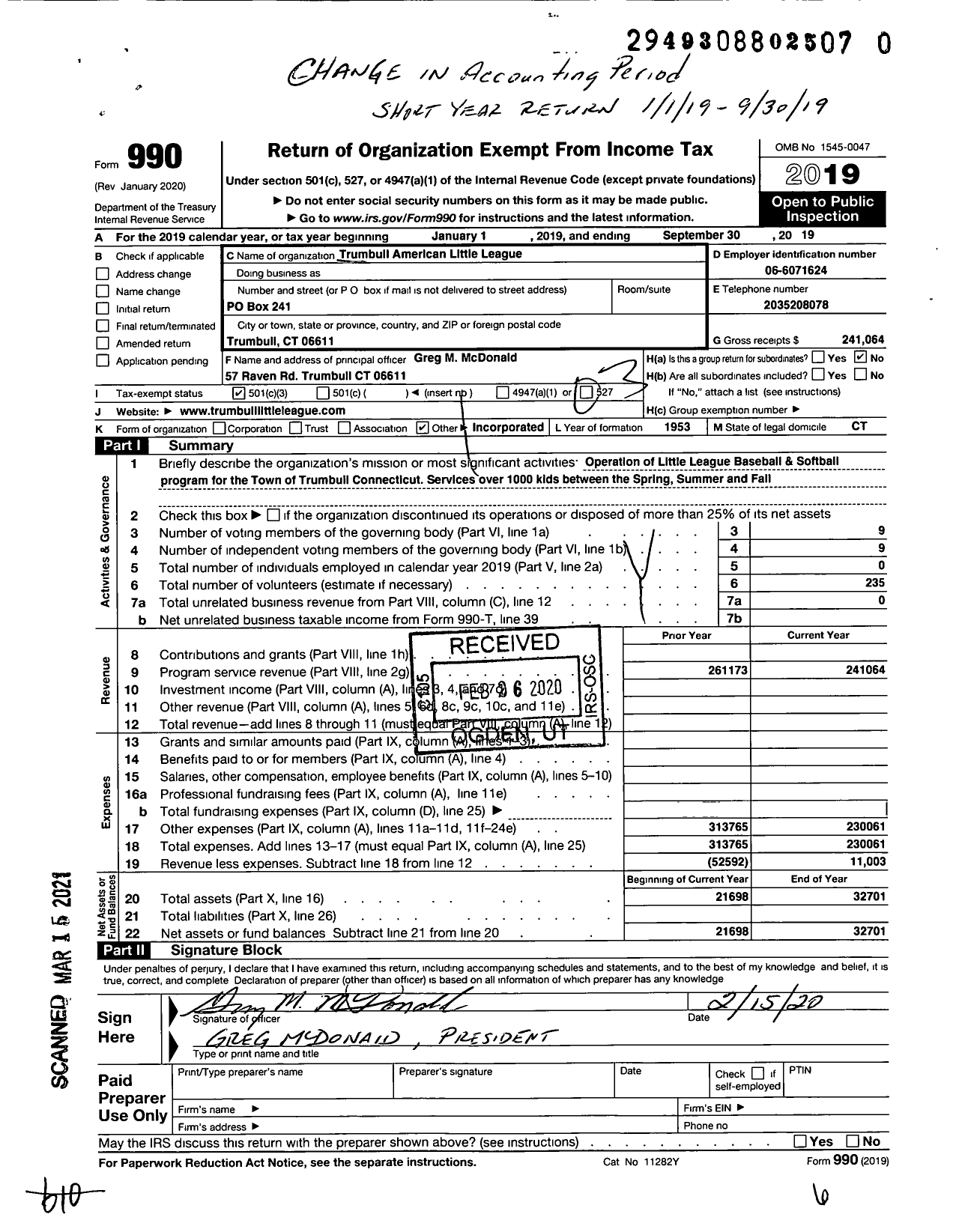 Image of first page of 2018 Form 990 for Little League Baseball - 2070216 Trumbull LL