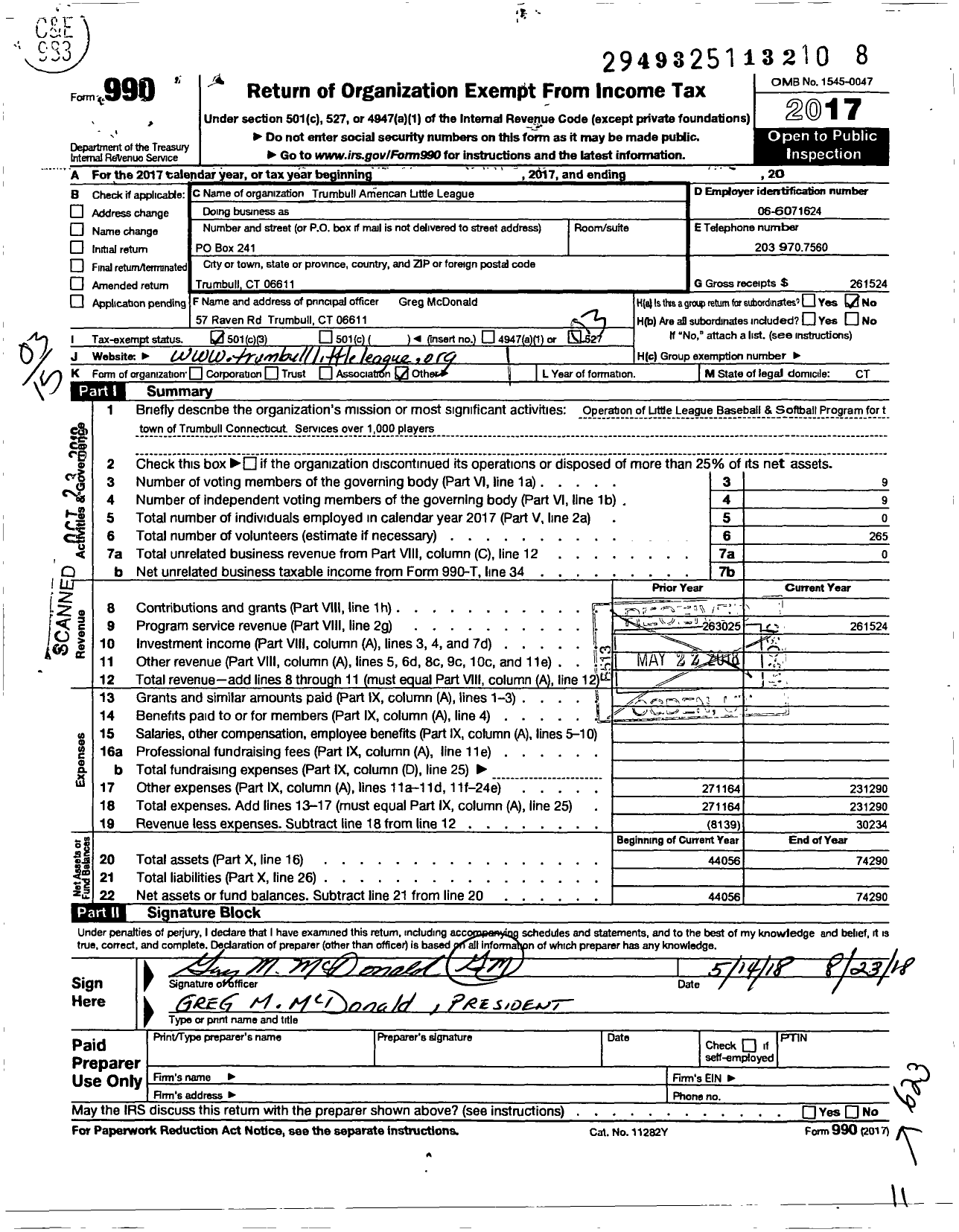 Image of first page of 2017 Form 990 for Little League Baseball - 2070216 Trumbull LL