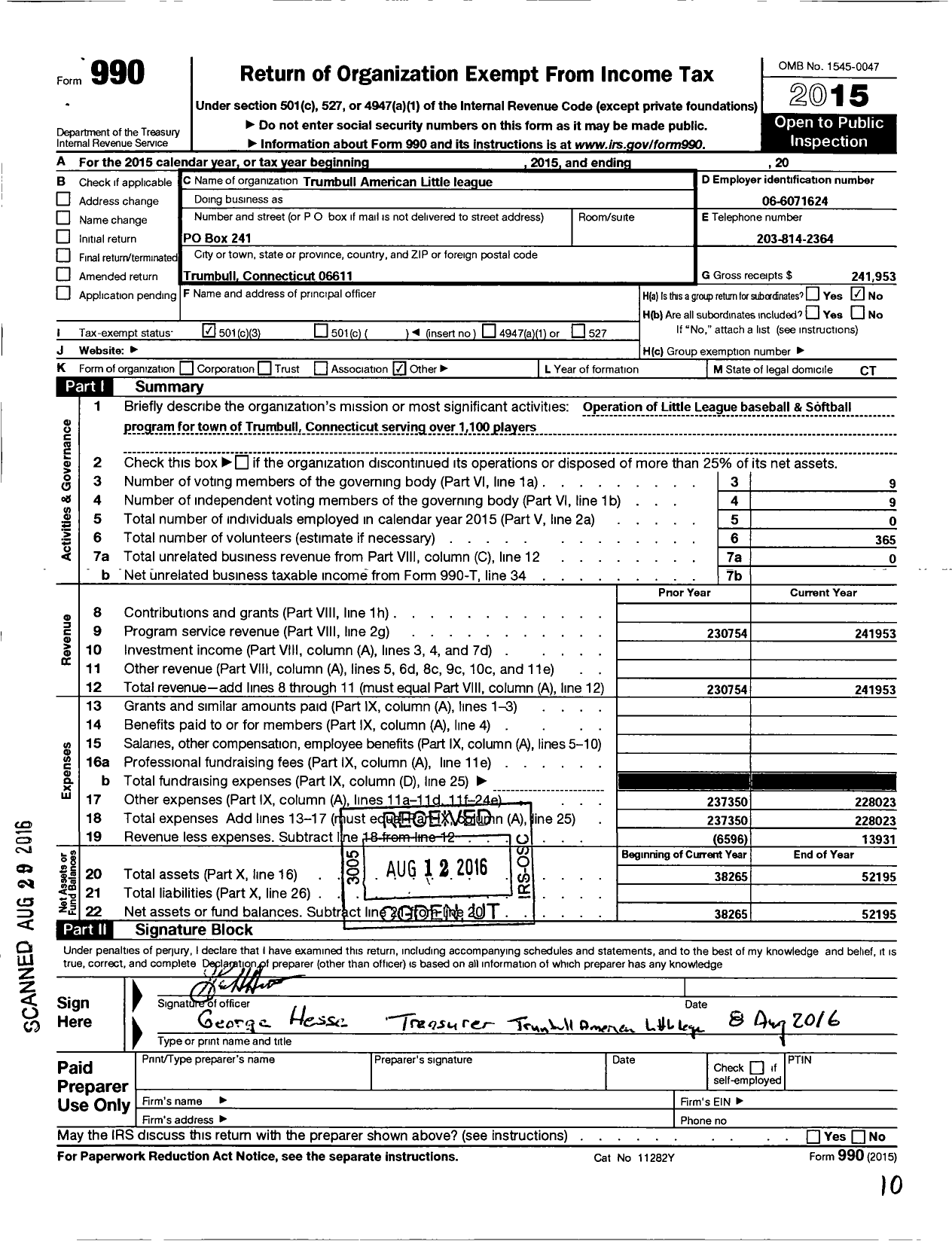 Image of first page of 2015 Form 990 for Little League Baseball - 2070216 Trumbull LL