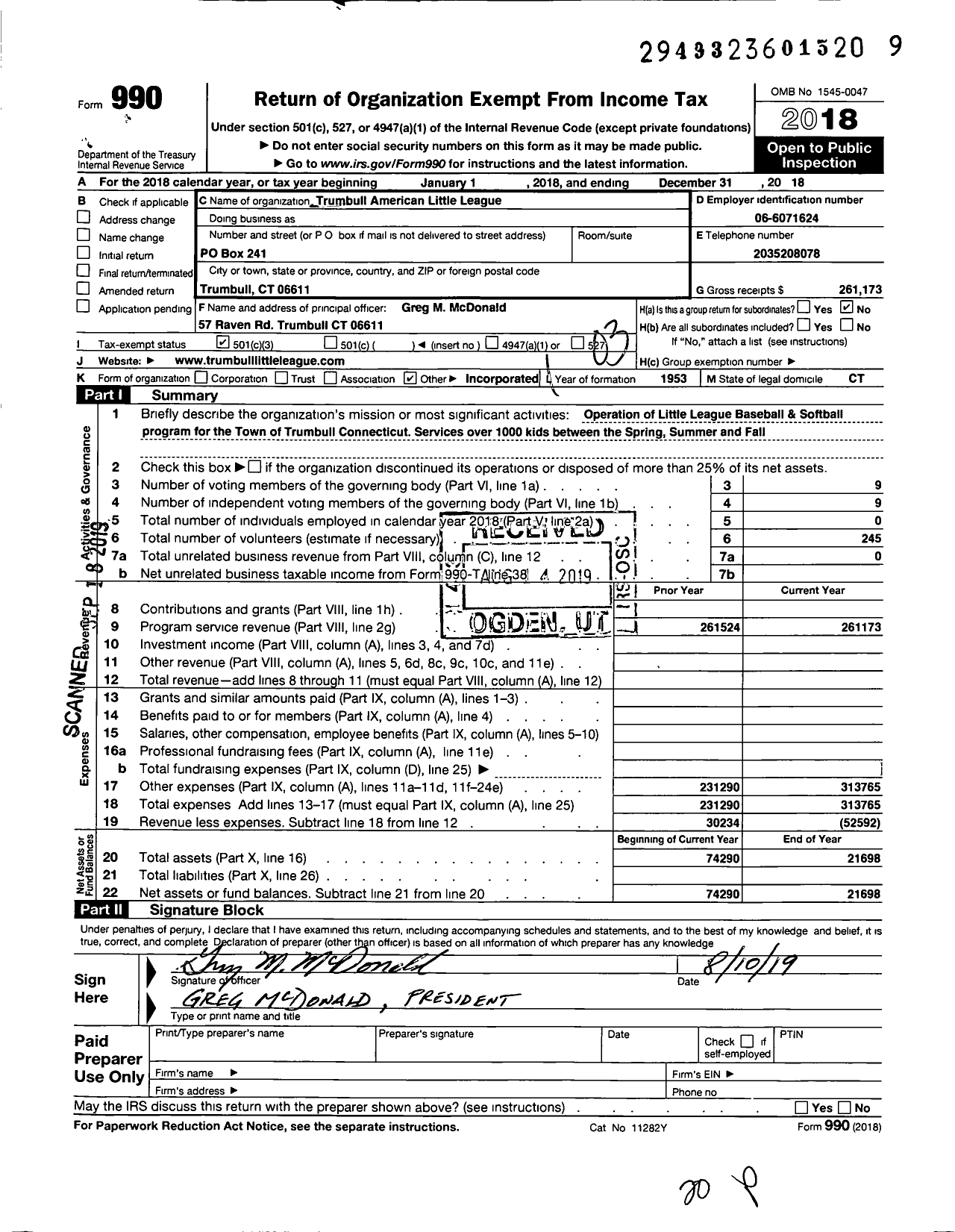 Image of first page of 2018 Form 990 for Little League Baseball - 2070216 Trumbull LL