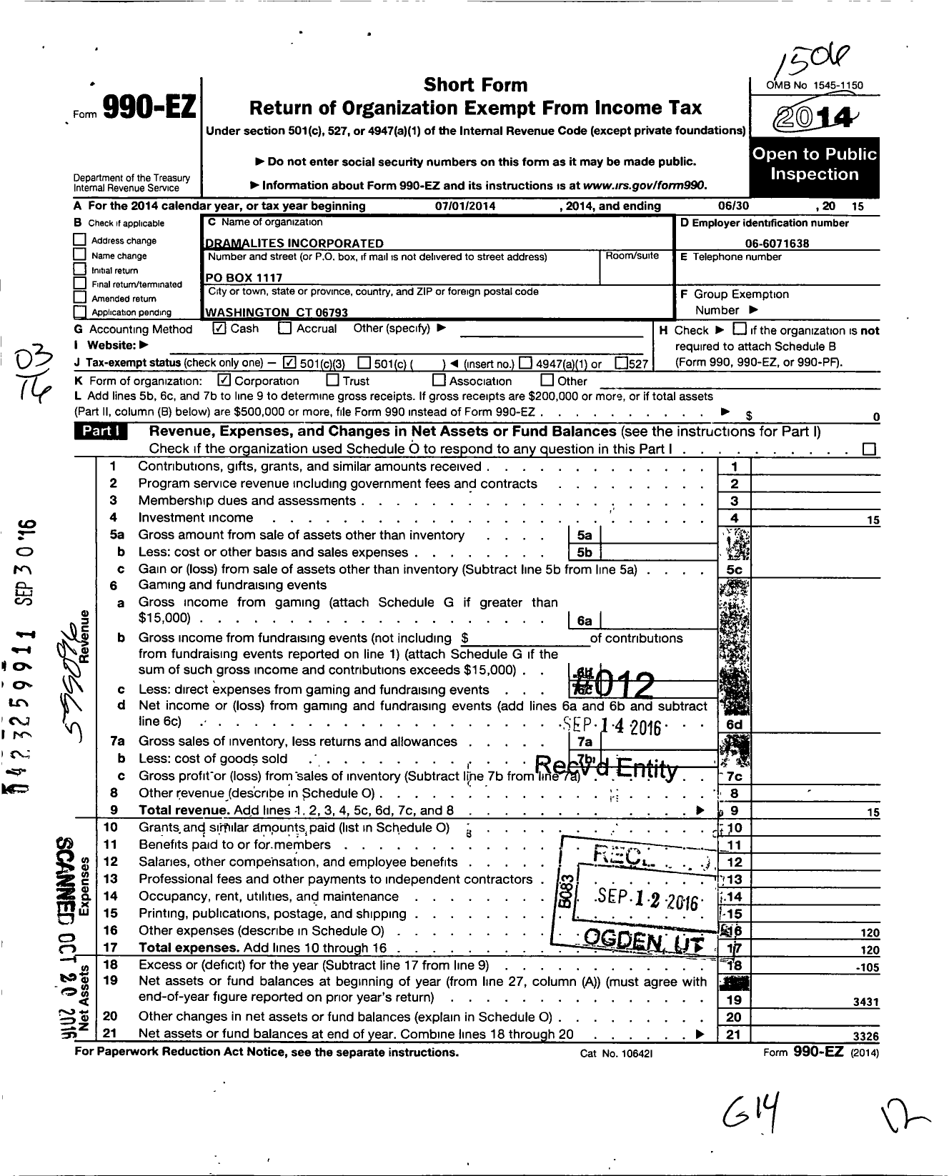 Image of first page of 2014 Form 990EZ for Dramalites Incorporated