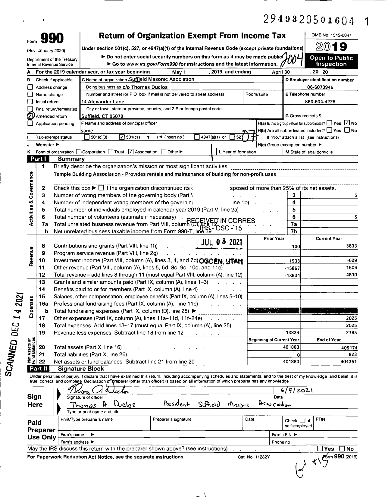 Image of first page of 2019 Form 990O for Suffield Masonic Association