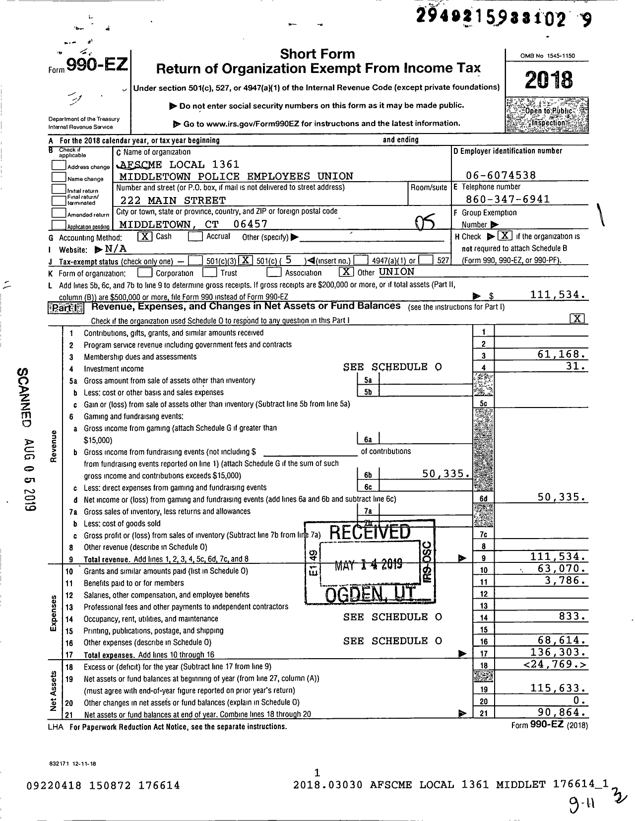 Image of first page of 2018 Form 990EO for American Federation of State County & Municipal Employees - L1361CT Middletown Police Dept Emp