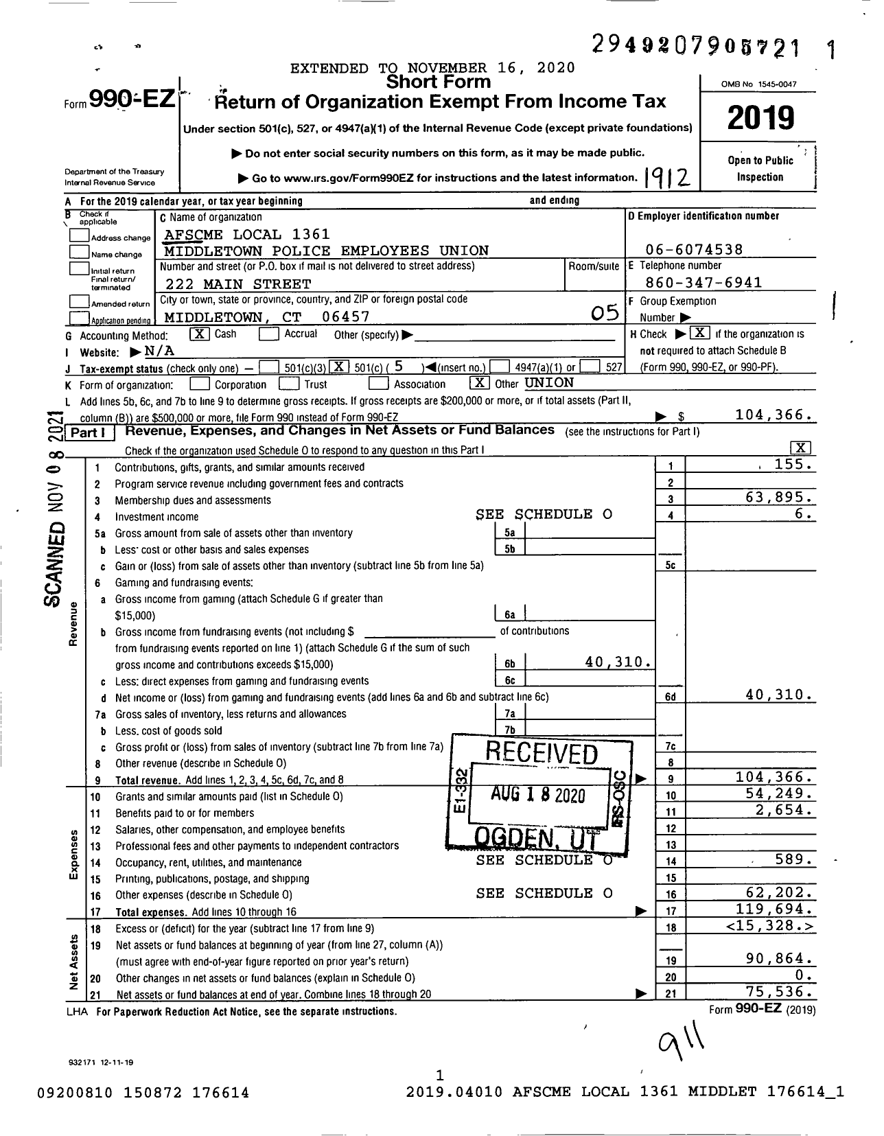 Image of first page of 2019 Form 990EO for American Federation of State County & Municipal Employees - L1361CT Middletown Police Dept Emp