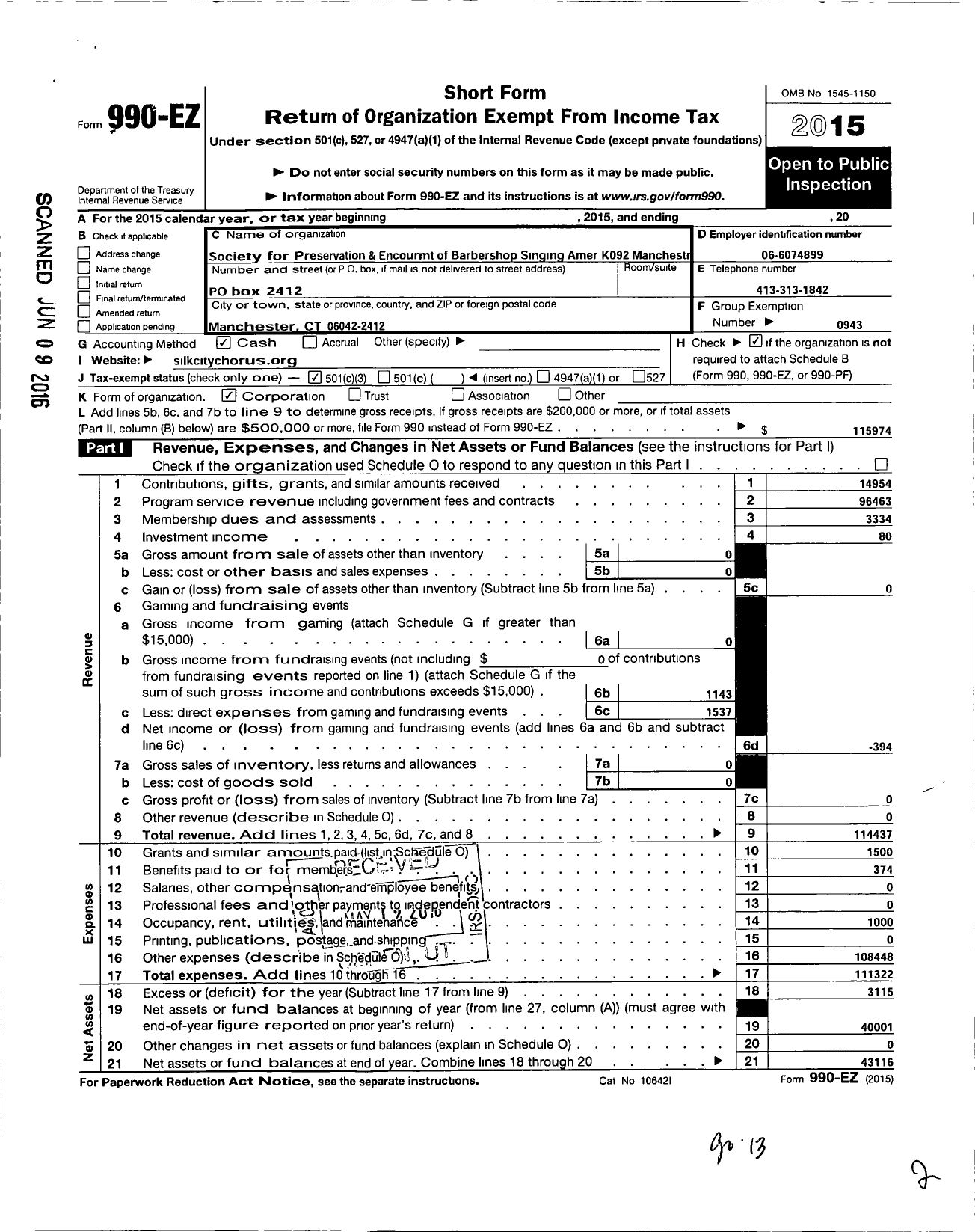 Image of first page of 2015 Form 990EZ for Barbershop Harmony Society - K092 Manchester