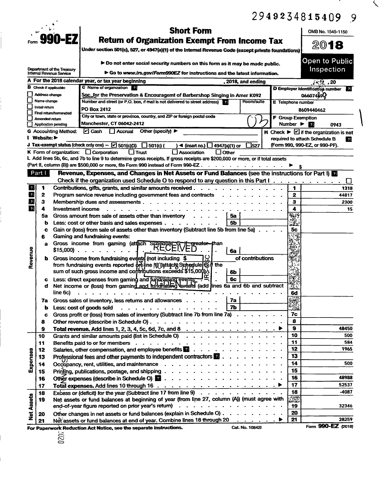 Image of first page of 2018 Form 990EZ for Barbershop Harmony Society - K092 Manchester