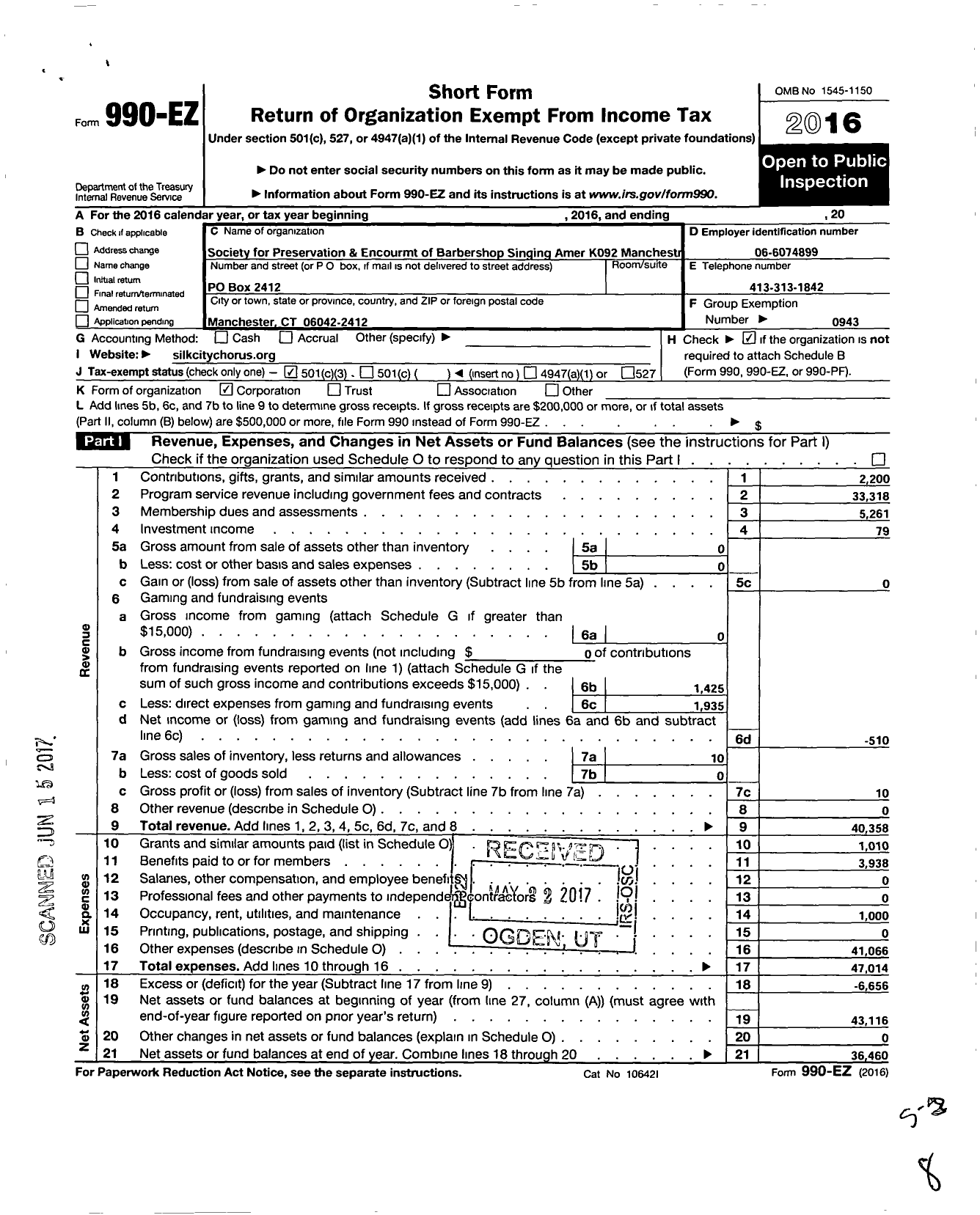 Image of first page of 2016 Form 990EZ for Barbershop Harmony Society - K092 Manchester