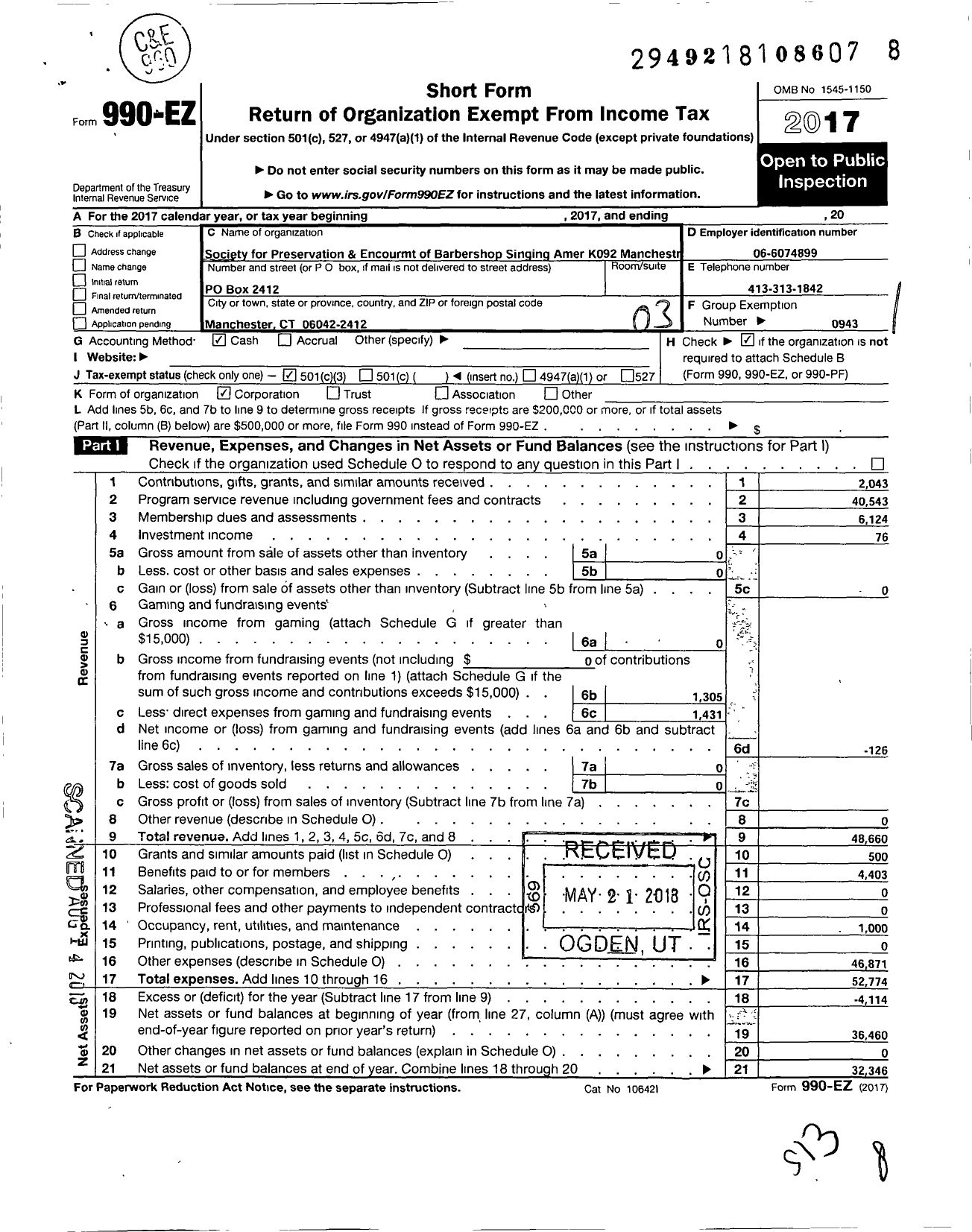 Image of first page of 2017 Form 990EZ for Barbershop Harmony Society - K092 Manchester