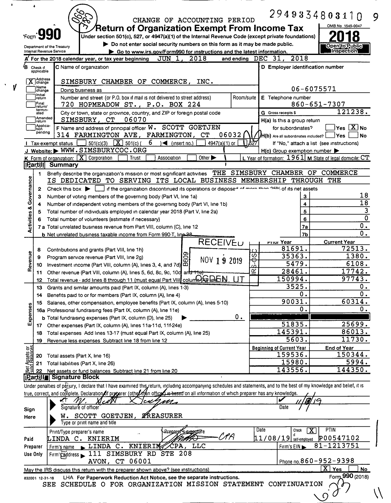 Image of first page of 2018 Form 990O for Granby-Simsbury Chamber of Commerce