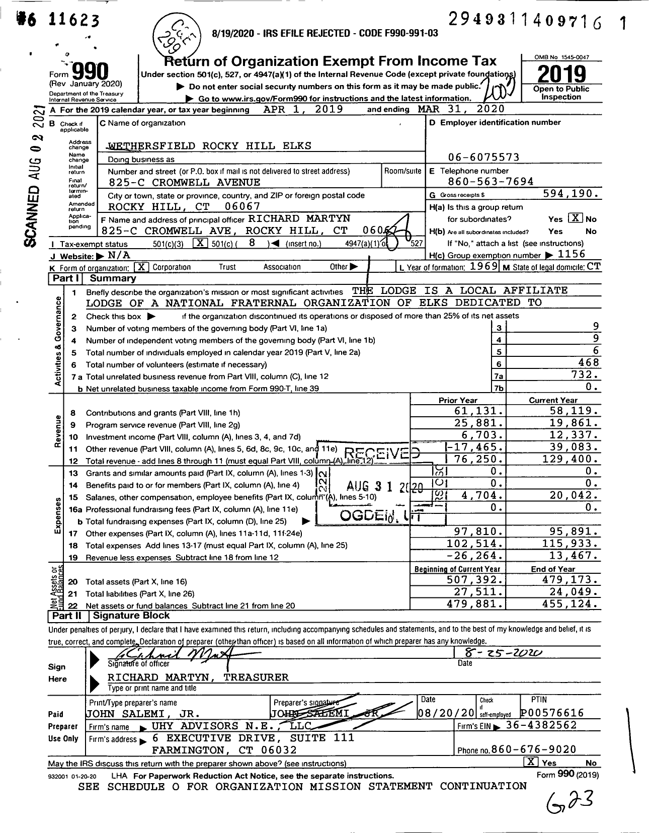 Image of first page of 2019 Form 990O for Benevolent and Protective Order of Elks - Rocky Hill Elks