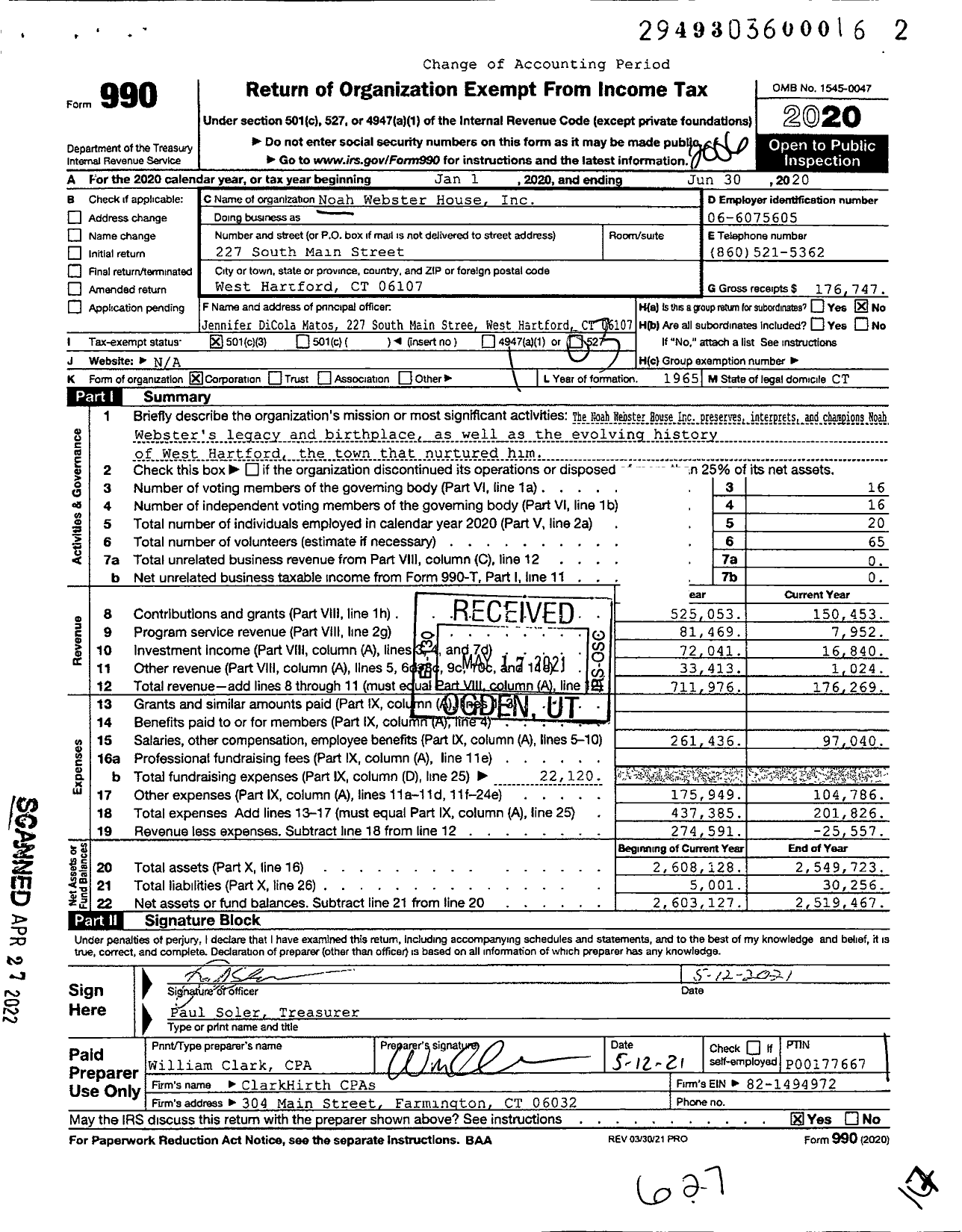 Image of first page of 2019 Form 990 for Noah Webster House