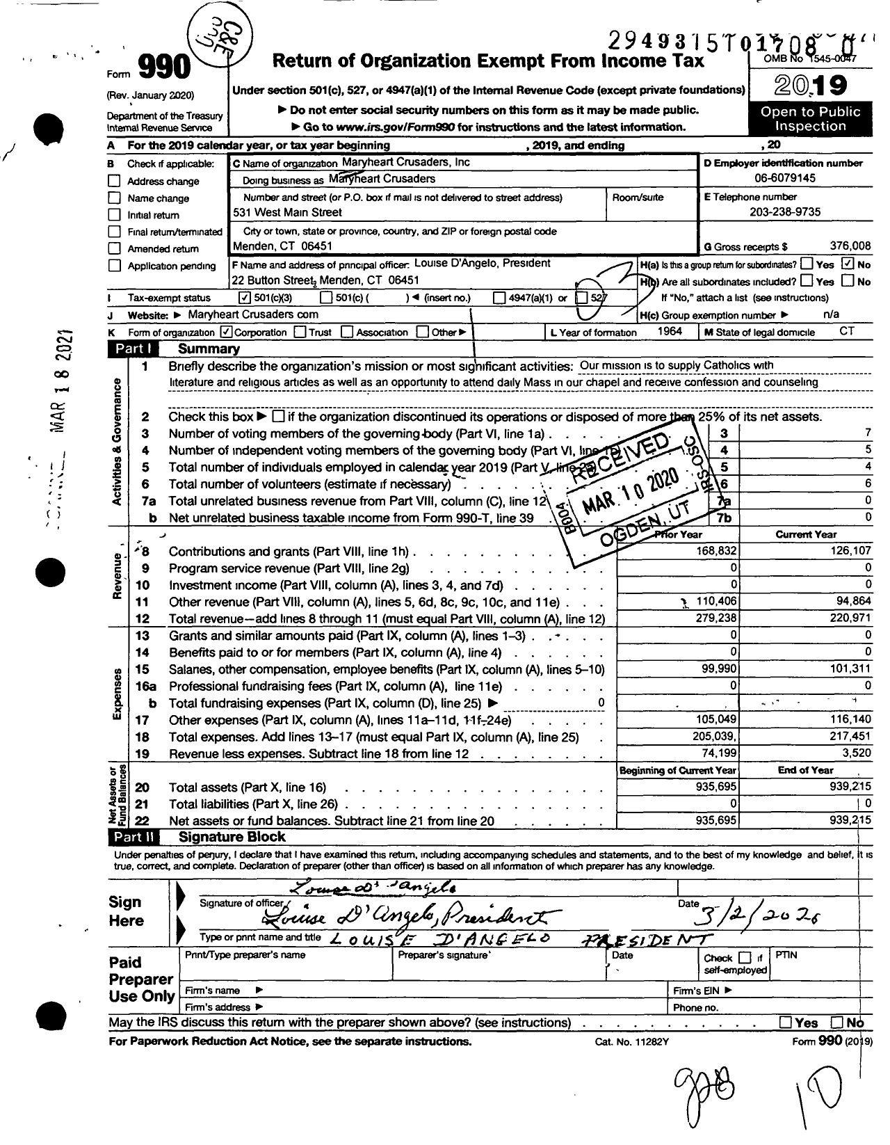 Image of first page of 2019 Form 990 for Maryheart Crusaders