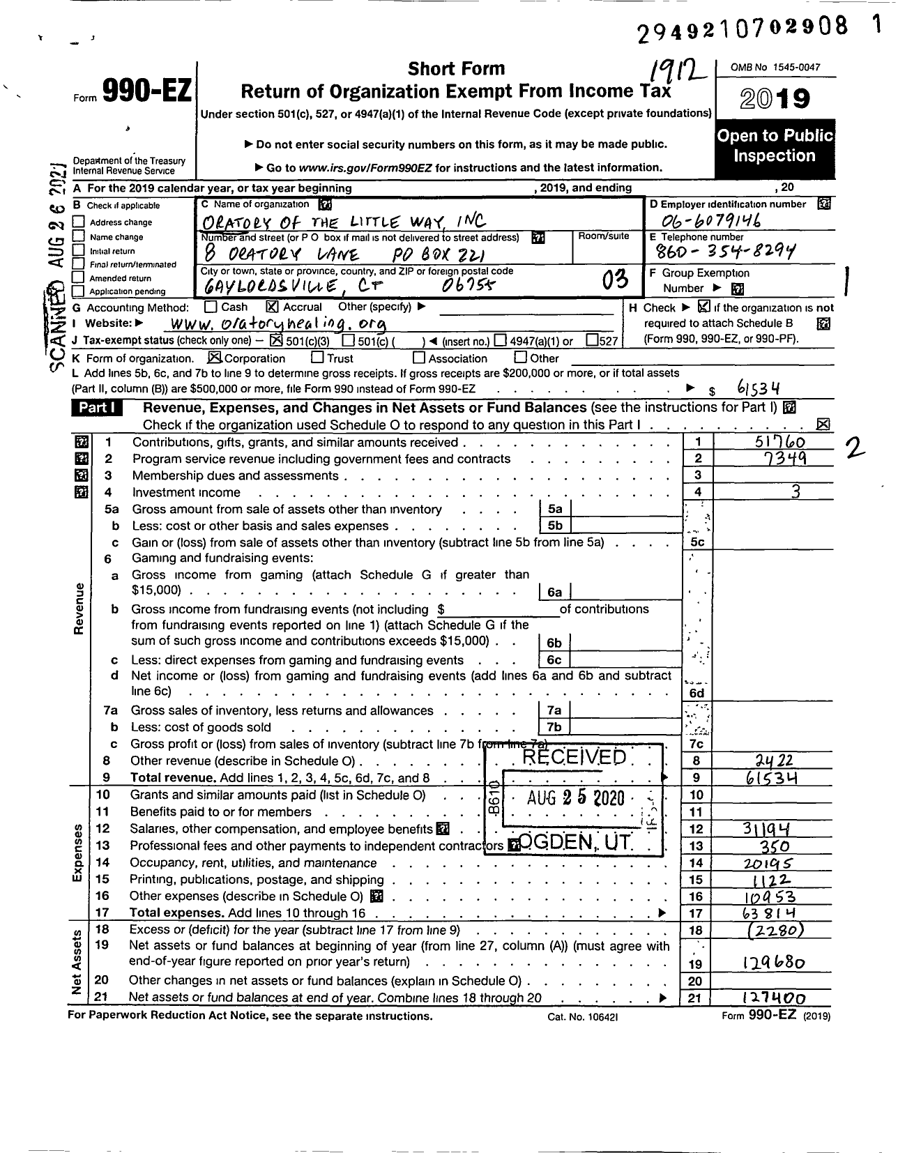 Image of first page of 2019 Form 990EZ for Oratory of the Little Way