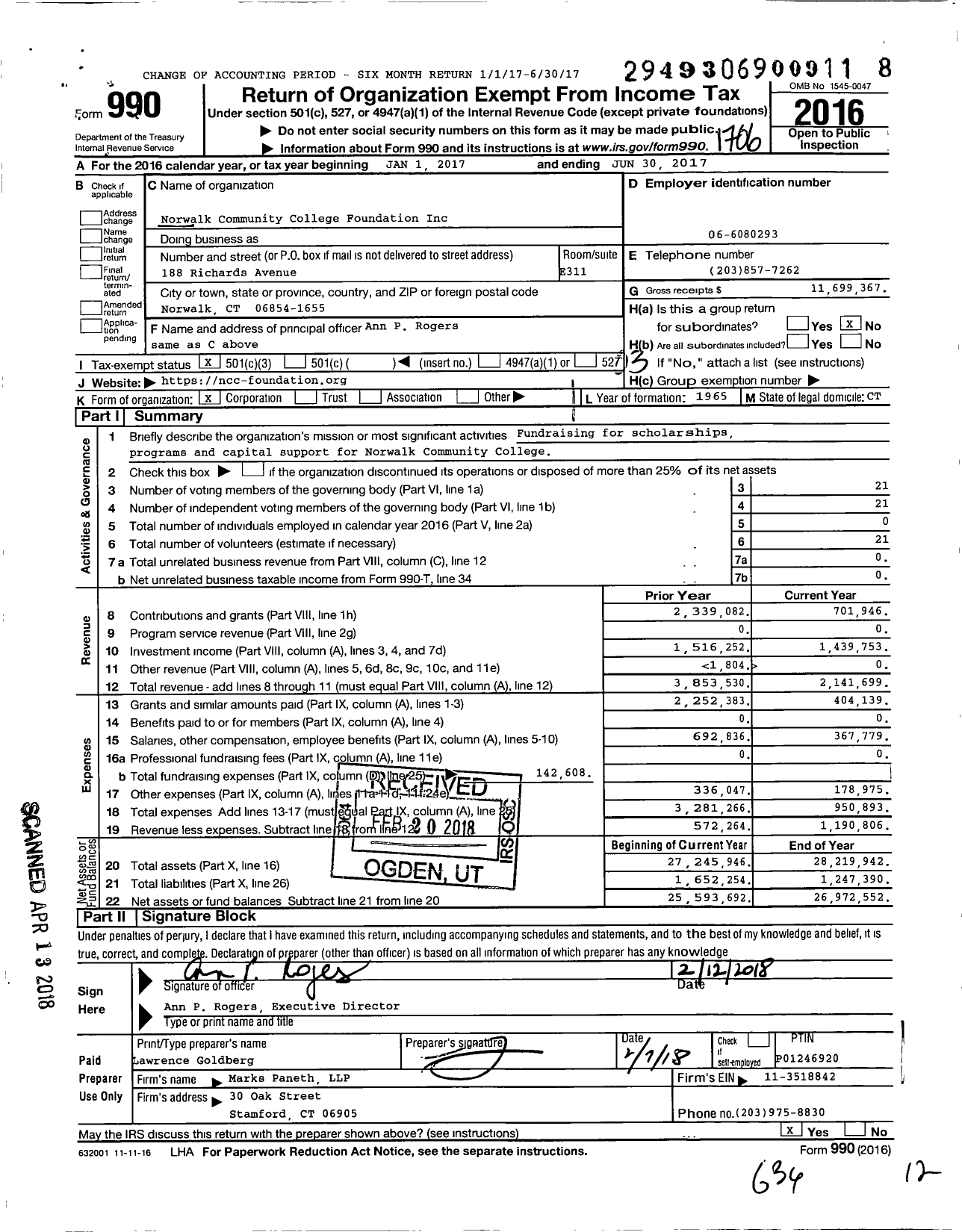 Image of first page of 2016 Form 990 for Norwalk Community College Foundation