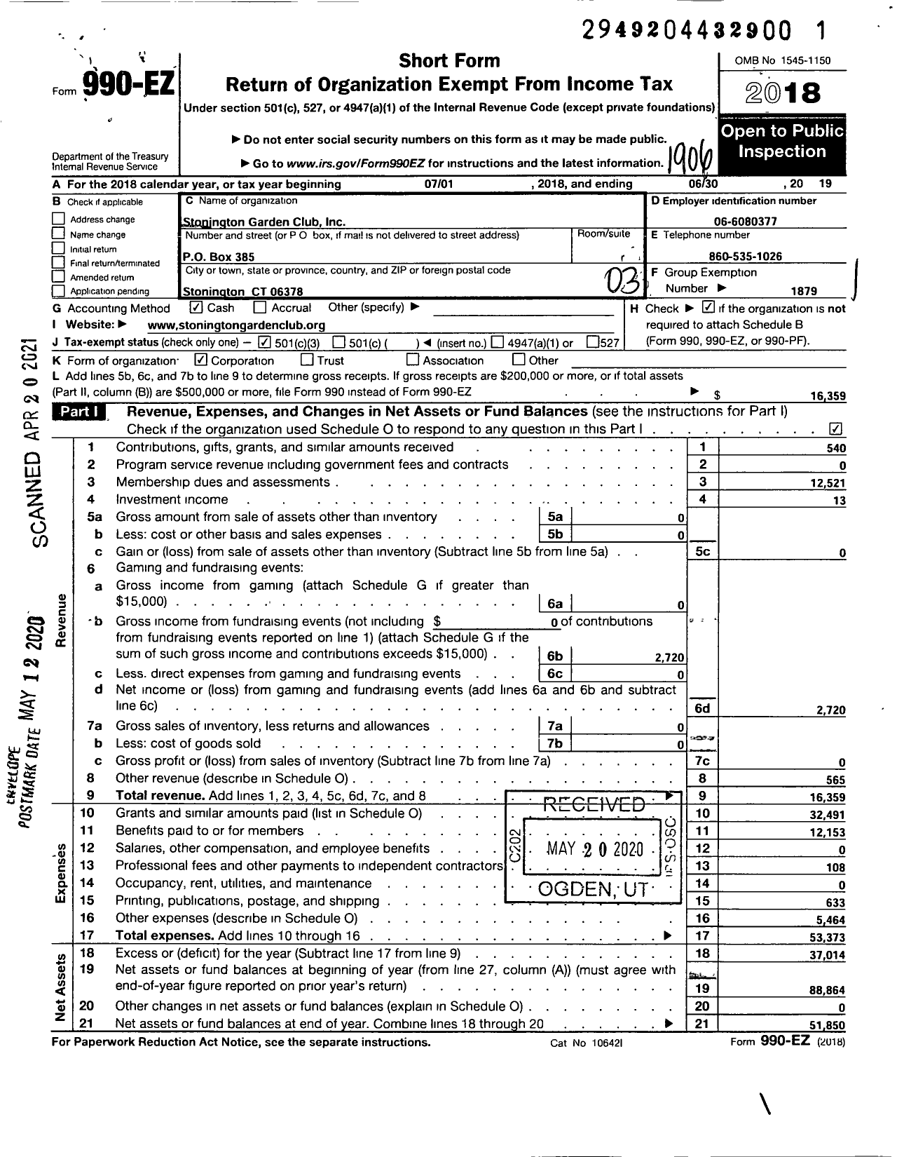 Image of first page of 2018 Form 990EZ for Federated Garden Clubs of Connecticut / Stonington Garden Club