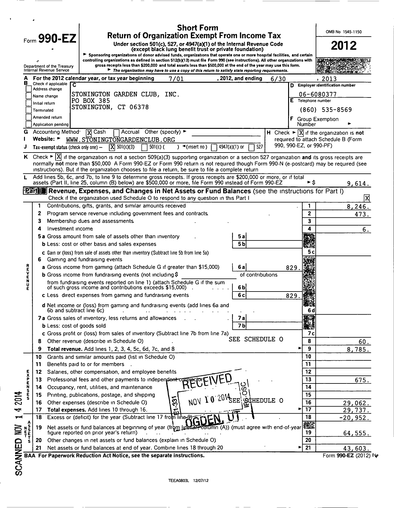 Image of first page of 2012 Form 990EZ for Federated Garden Clubs of Connecticut / Stonington Garden Club