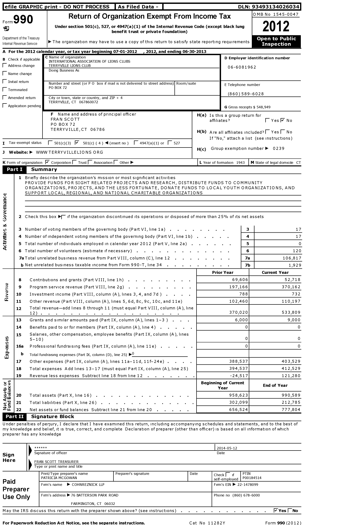 Image of first page of 2012 Form 990O for Lions Clubs - 9046 Terryville