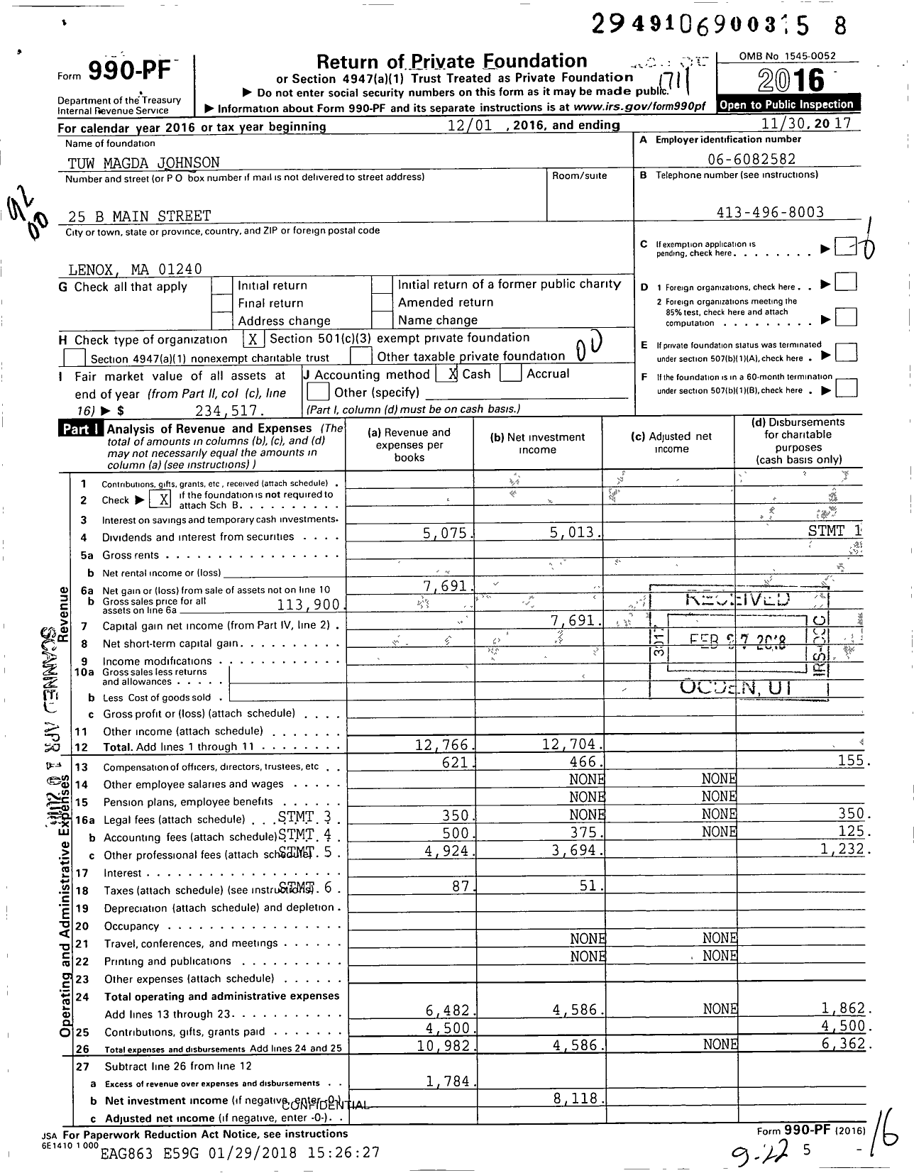 Image of first page of 2016 Form 990PF for Tuw Magda Johnson