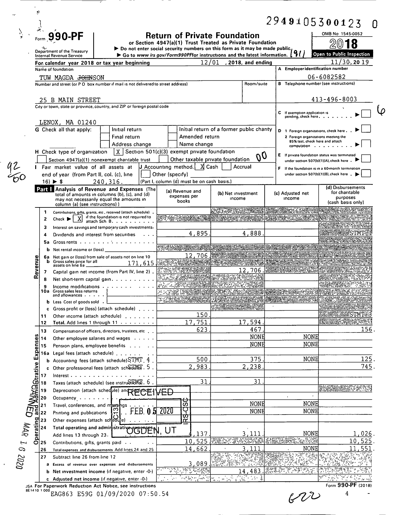 Image of first page of 2018 Form 990PR for Tuw Magda Johnson