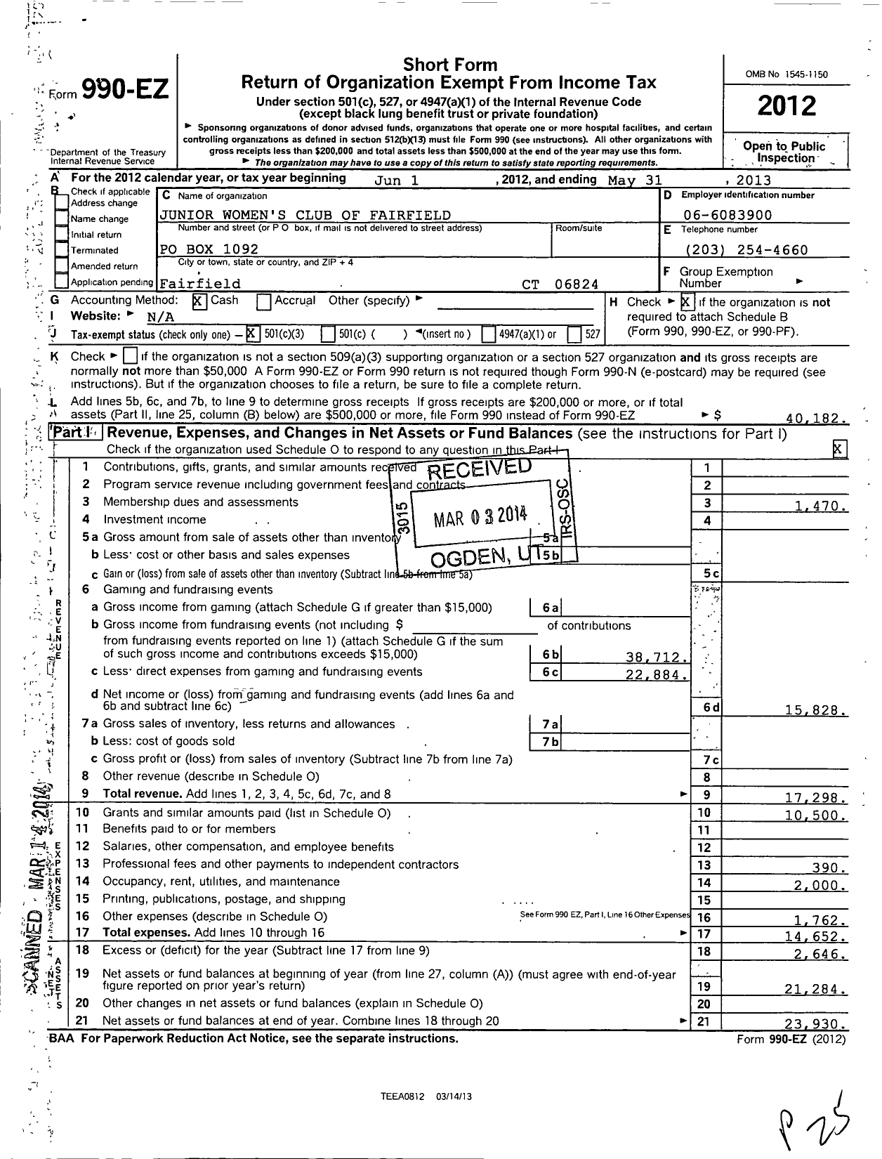 Image of first page of 2012 Form 990EZ for Connecticut Junior Women / Junior Womens Club of Fairfield Inc