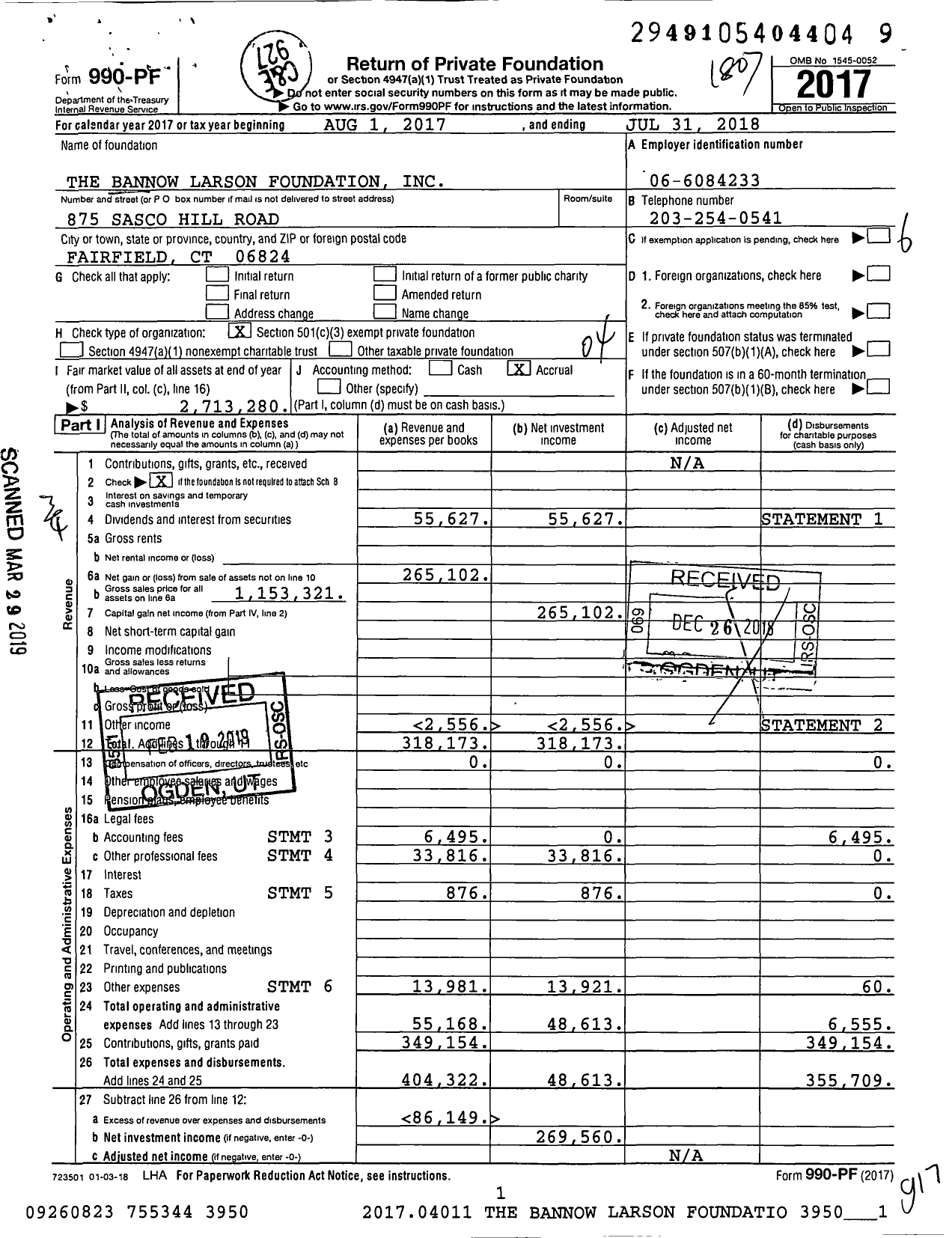 Image of first page of 2017 Form 990PF for The Bannow Larson Foundation