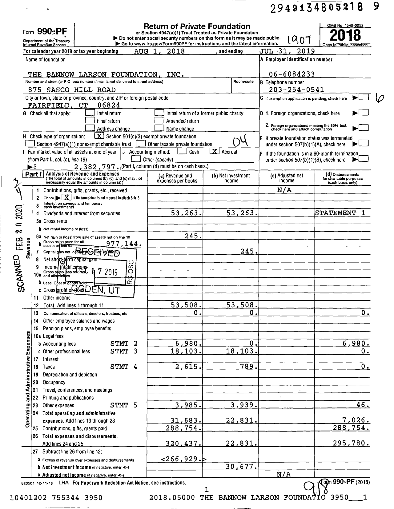 Image of first page of 2018 Form 990PF for The Bannow Larson Foundation