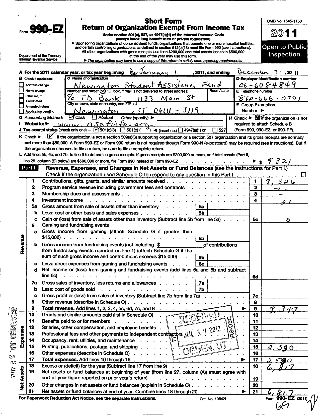 Image of first page of 2011 Form 990EZ for Newington Student Assistance Fund