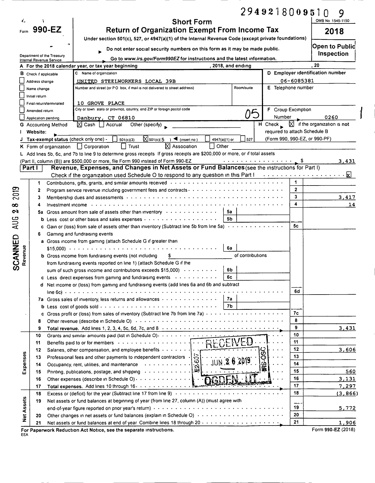 Image of first page of 2018 Form 990EO for United Steelworkers - 00039B