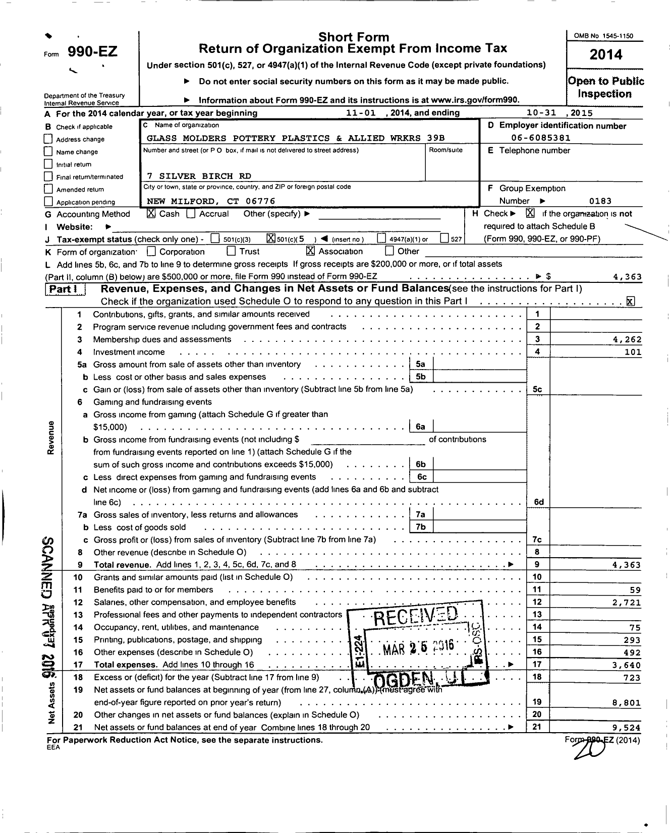 Image of first page of 2014 Form 990EO for United Steelworkers - 00039B