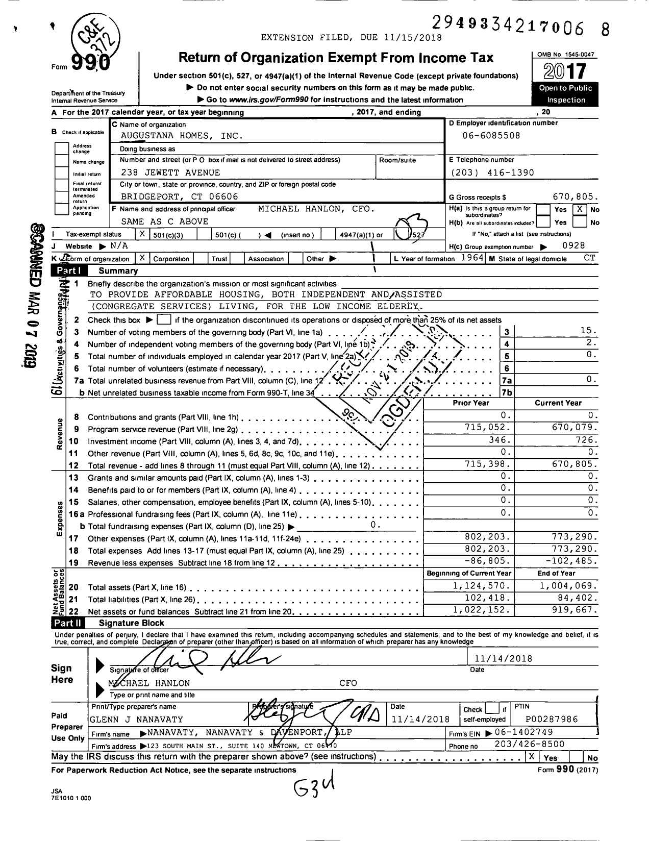 Image of first page of 2017 Form 990 for Augustana Homes