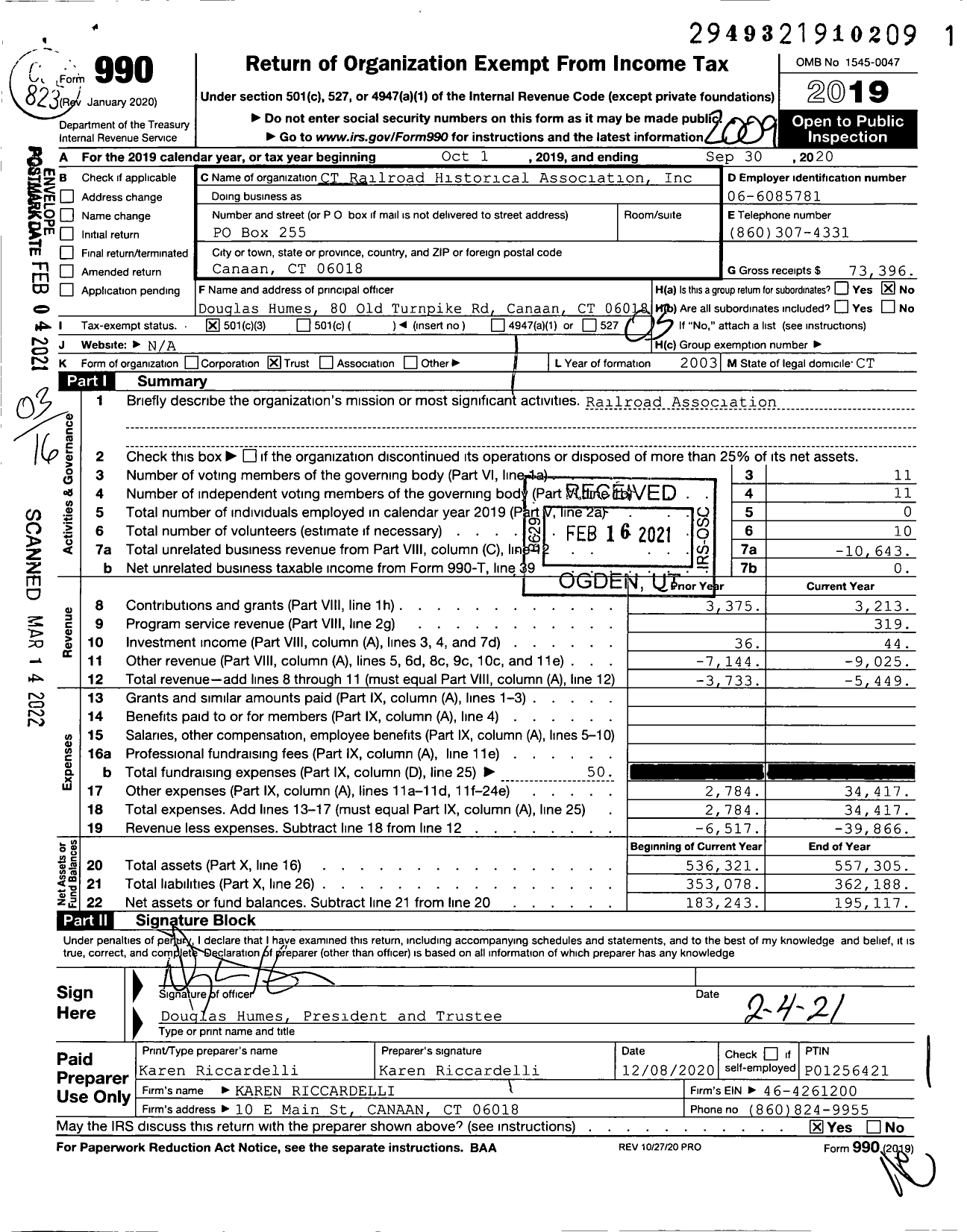 Image of first page of 2019 Form 990 for Connecticut Railroad Historical Association