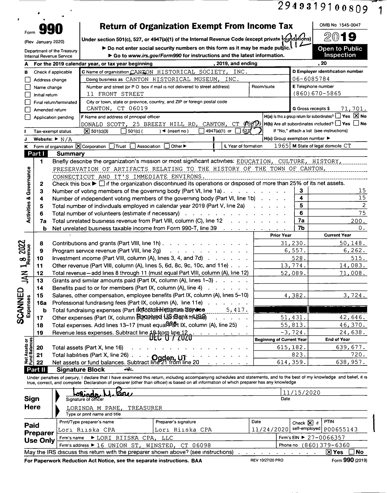 Image of first page of 2019 Form 990 for Canton Historical Museum