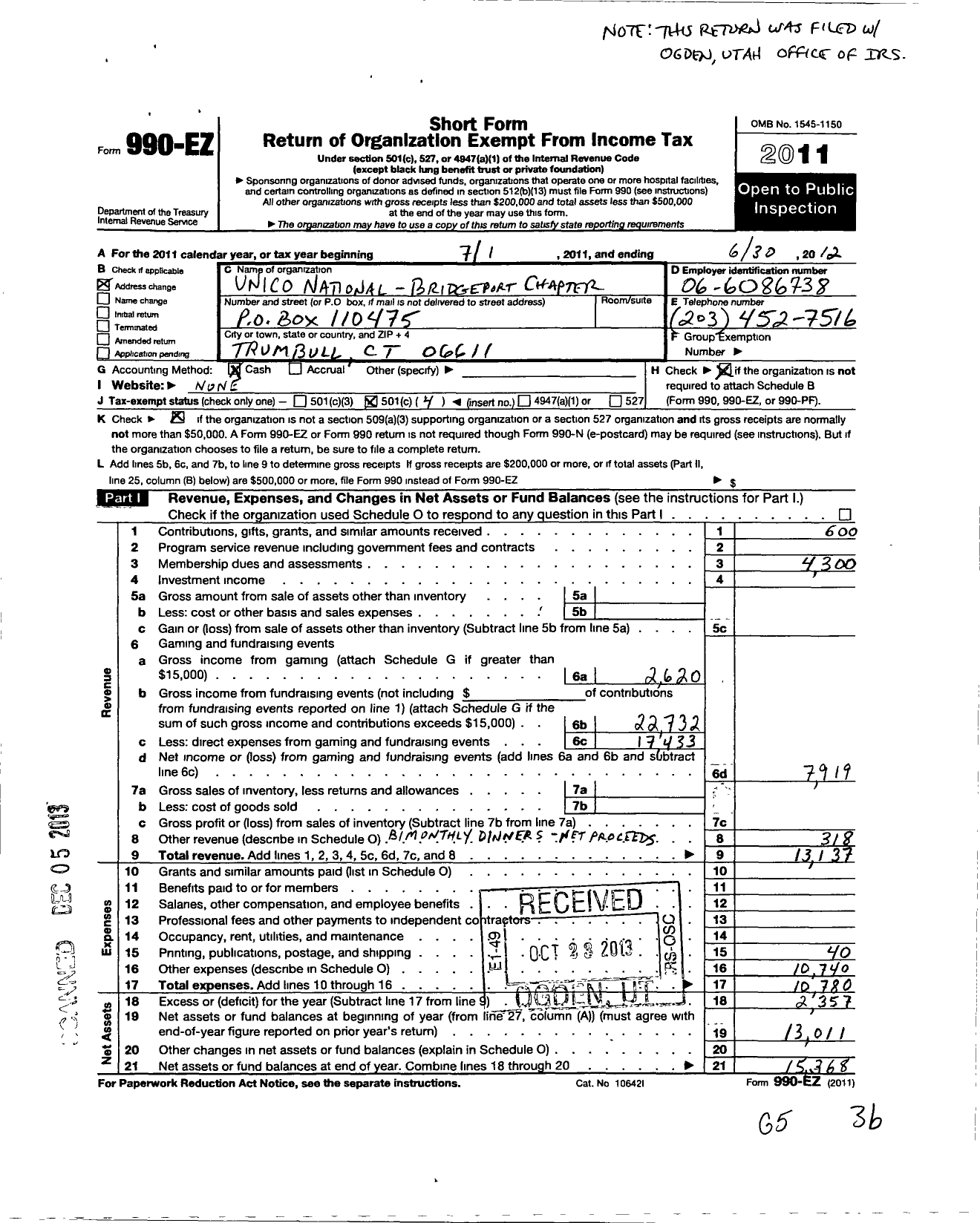 Image of first page of 2011 Form 990EO for Unico National / Bridgeport