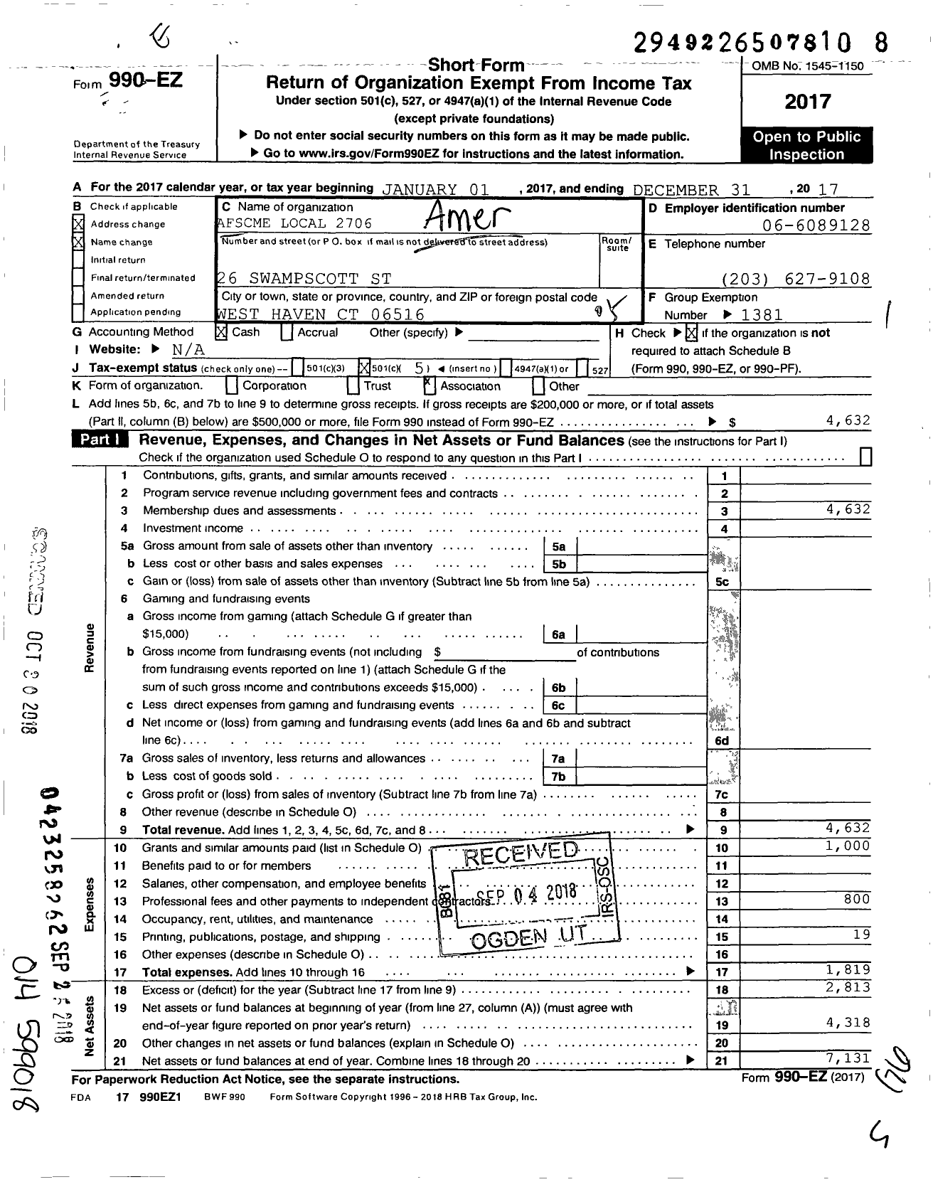 Image of first page of 2017 Form 990EO for American Federation of State County & Municipal Employees - L2706CT W Haven Conn BD of Educ Emp