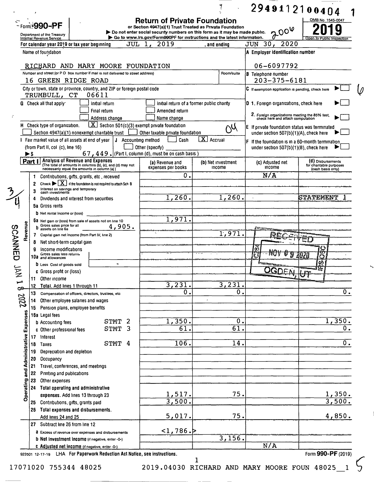 Image of first page of 2019 Form 990PF for Richard and Mary Moore Foundation