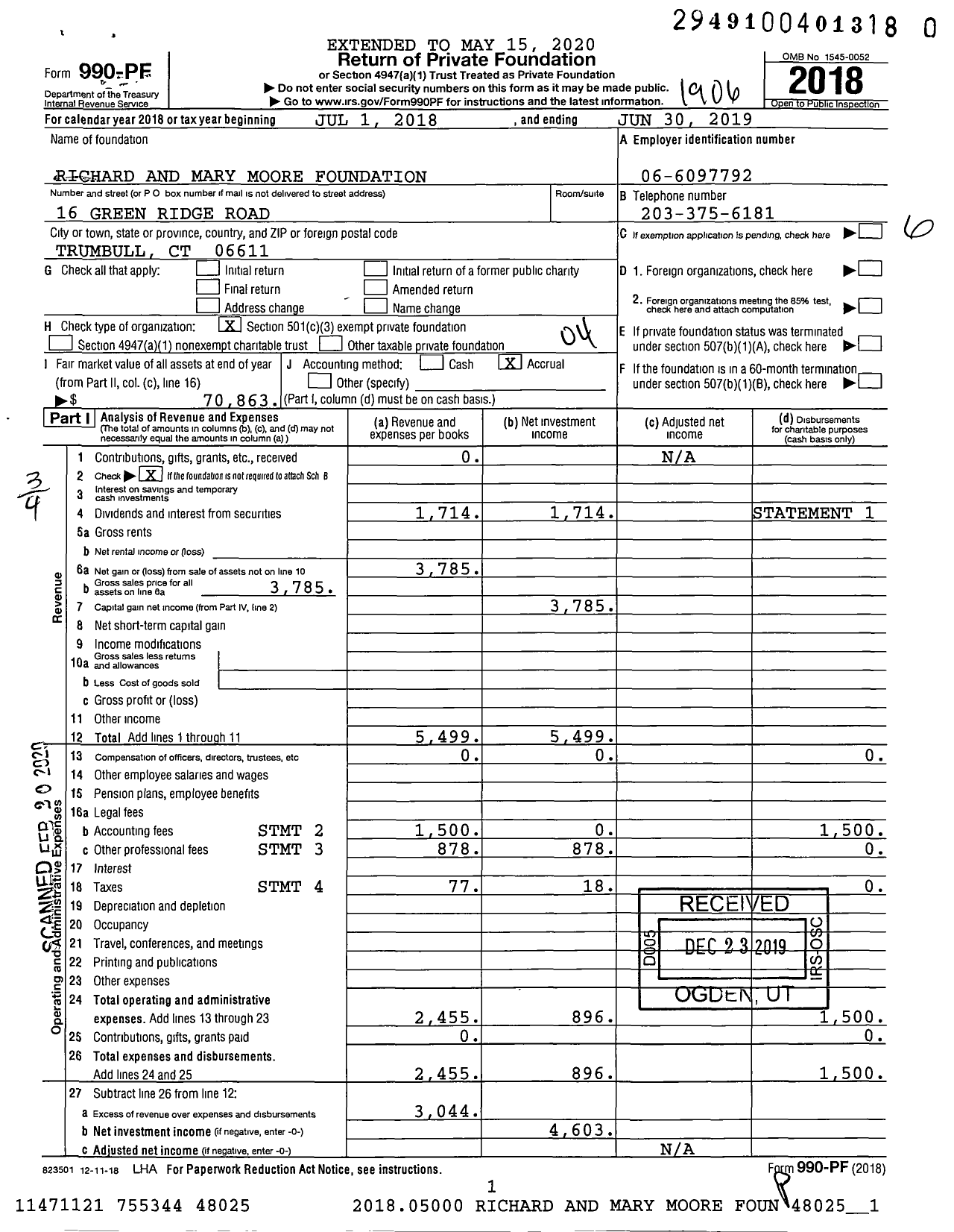 Image of first page of 2018 Form 990PF for Richard and Mary Moore Foundation