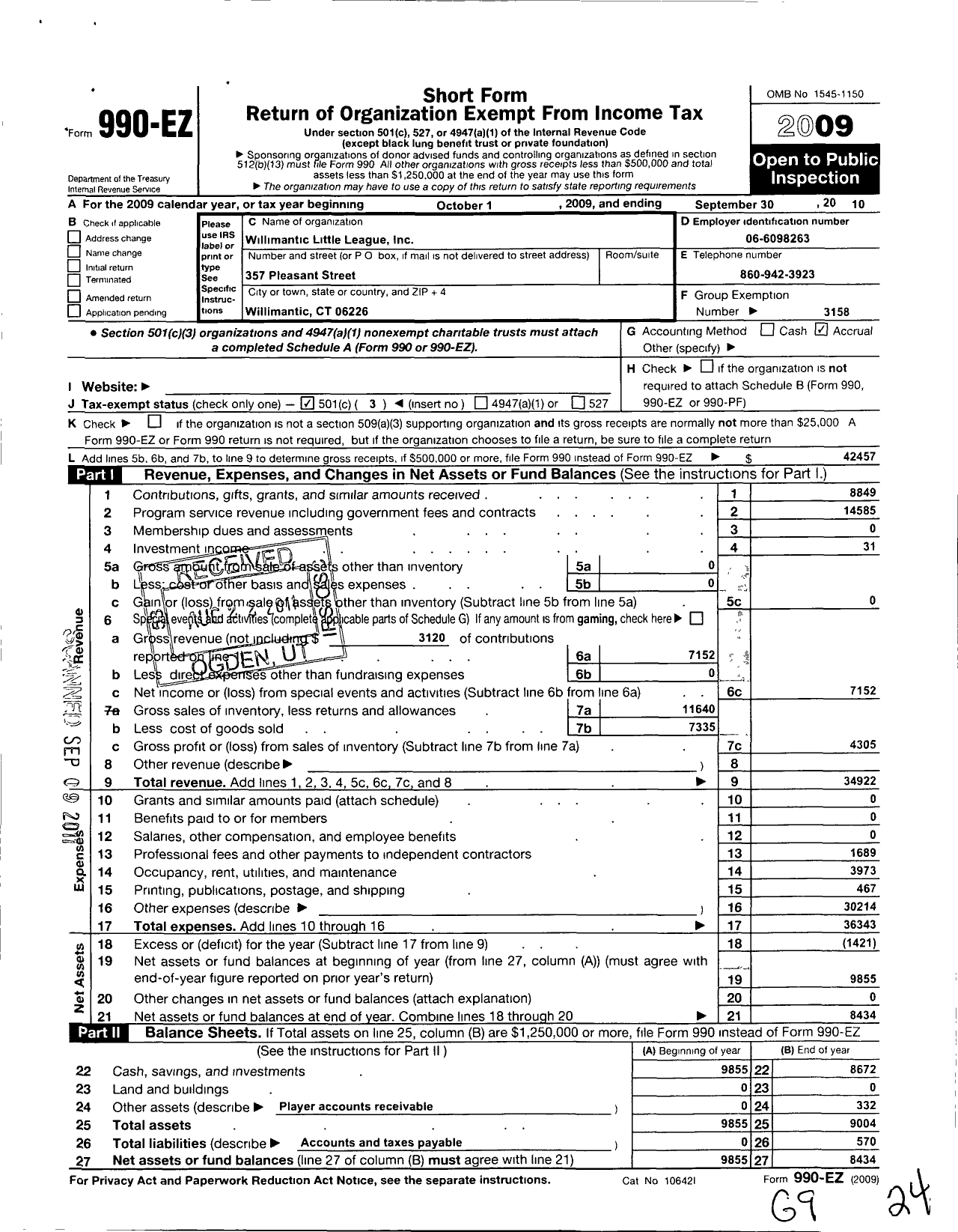 Image of first page of 2009 Form 990EZ for Little League Baseball - 2071111 Willimantic LL