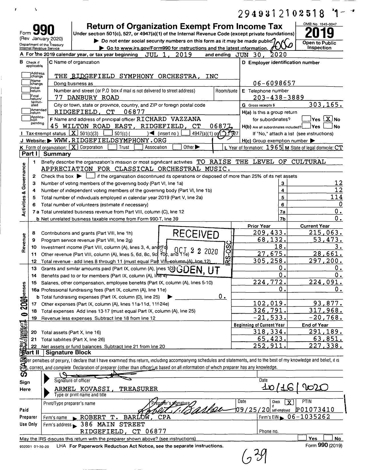 Image of first page of 2019 Form 990 for The Ridgefield Symphony Orchestra