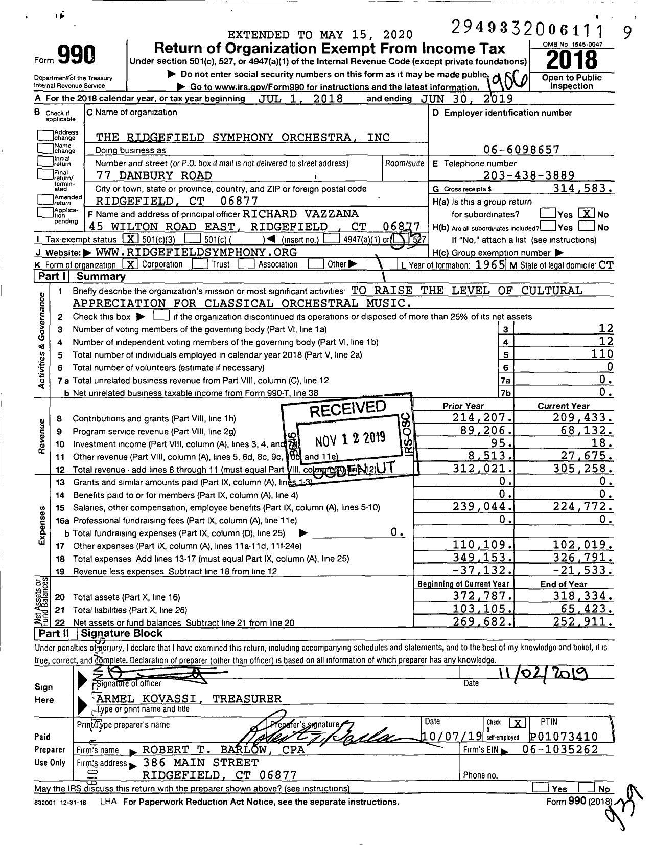 Image of first page of 2018 Form 990 for The Ridgefield Symphony Orchestra