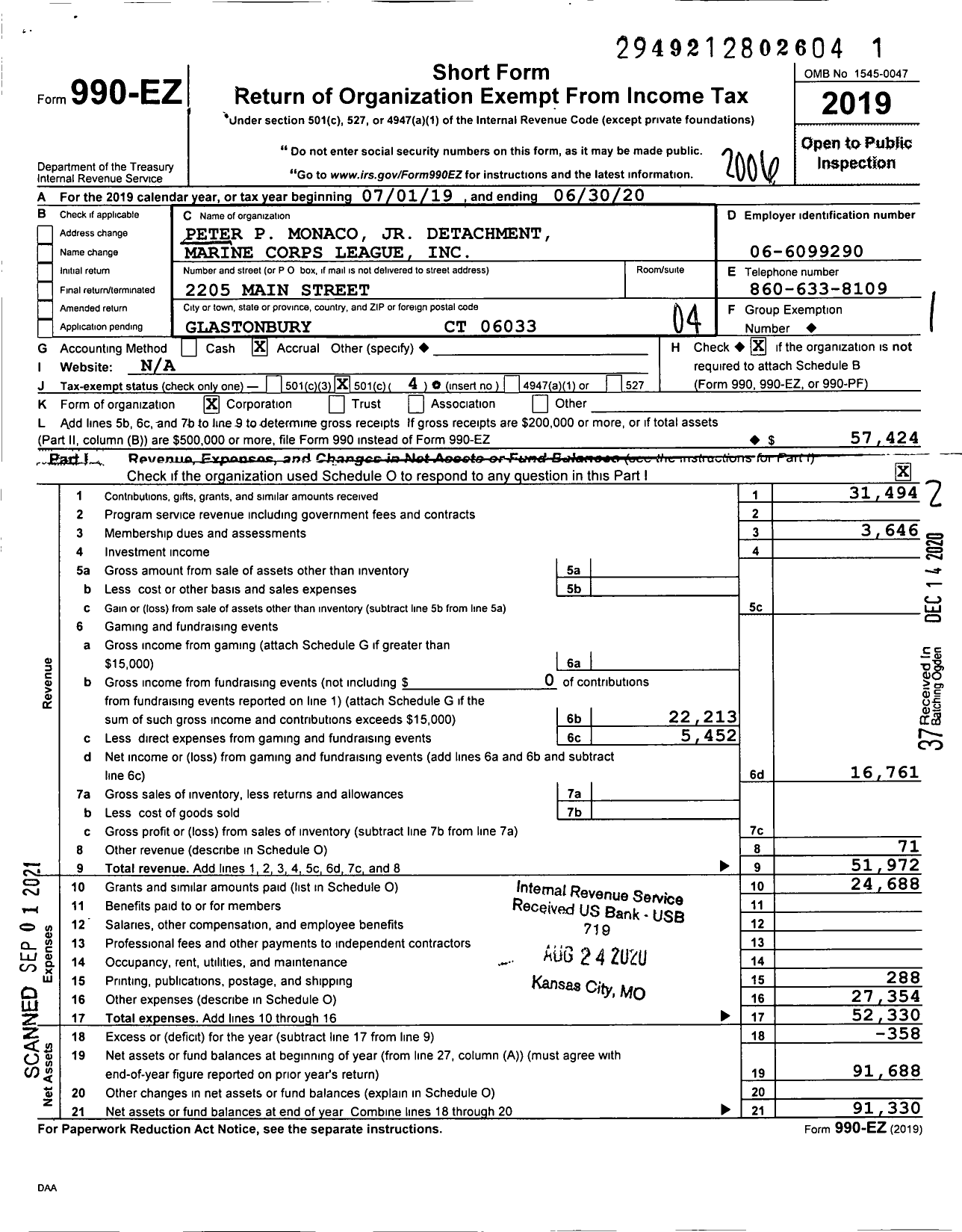 Image of first page of 2019 Form 990EO for Marine Corps League / Peter P Monaco JR Detatchment