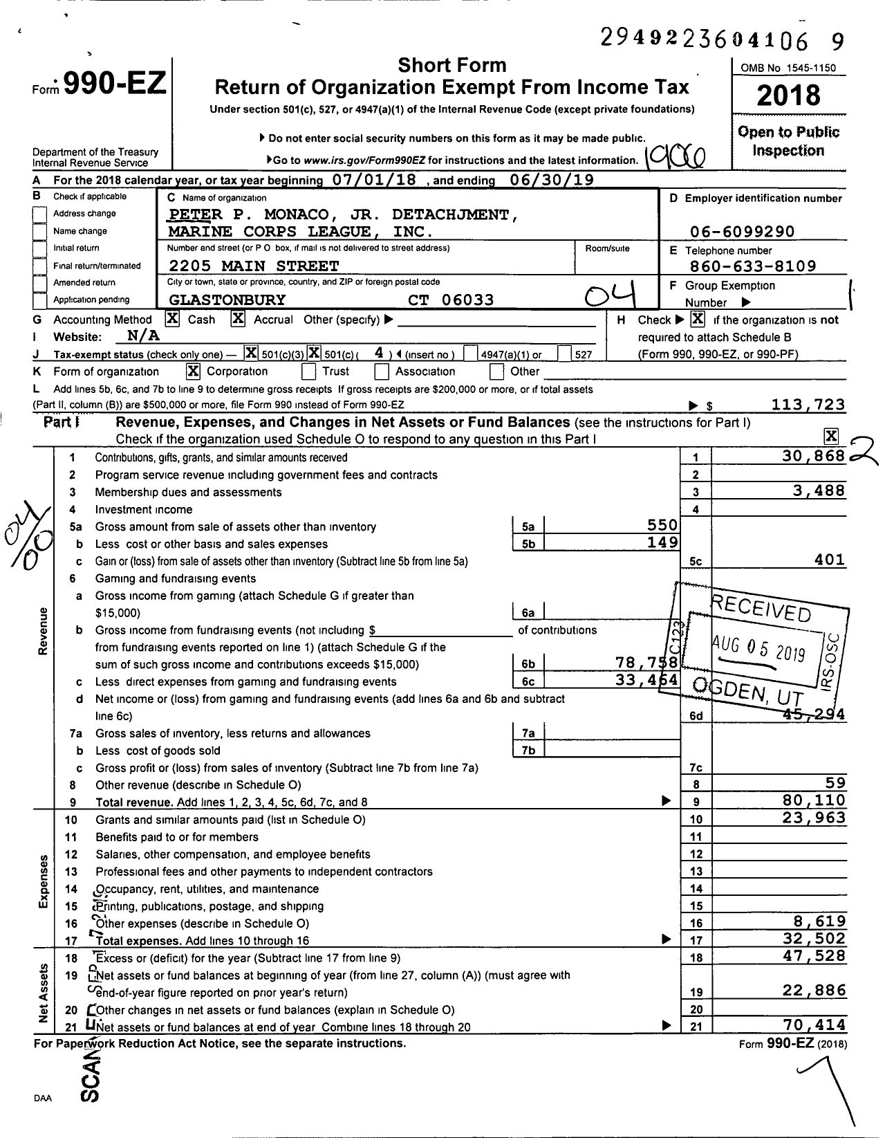 Image of first page of 2018 Form 990EO for Marine Corps League / Peter P Monaco JR Detatchment