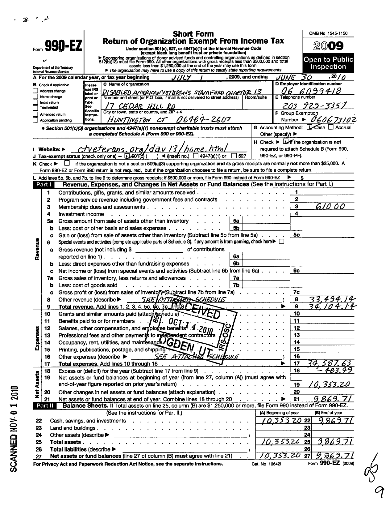 Image of first page of 2009 Form 990EO for Disabled American Veterans - 13 Stamford