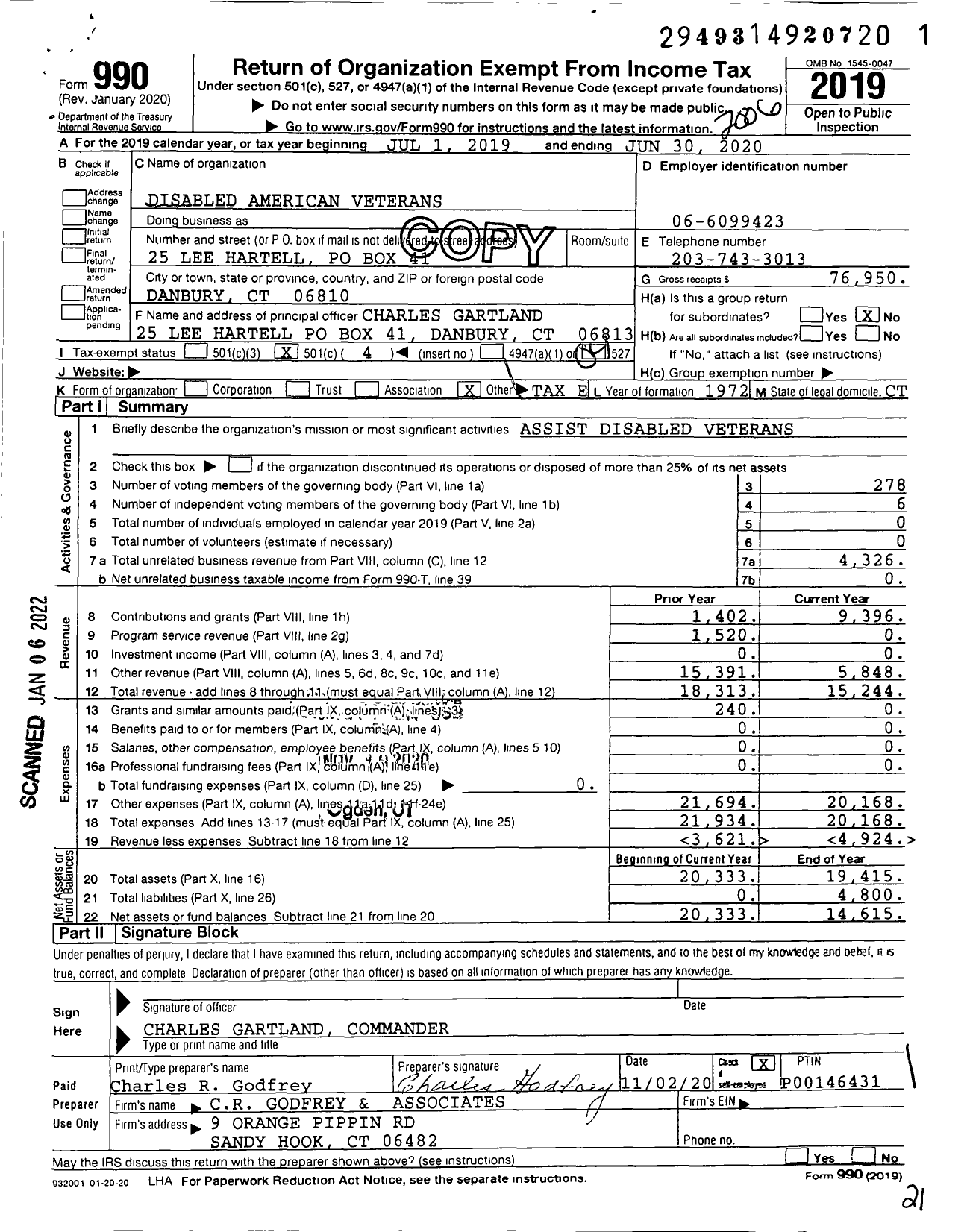 Image of first page of 2019 Form 990O for Disabled American Veterans Lee Hartell 25 Chapter