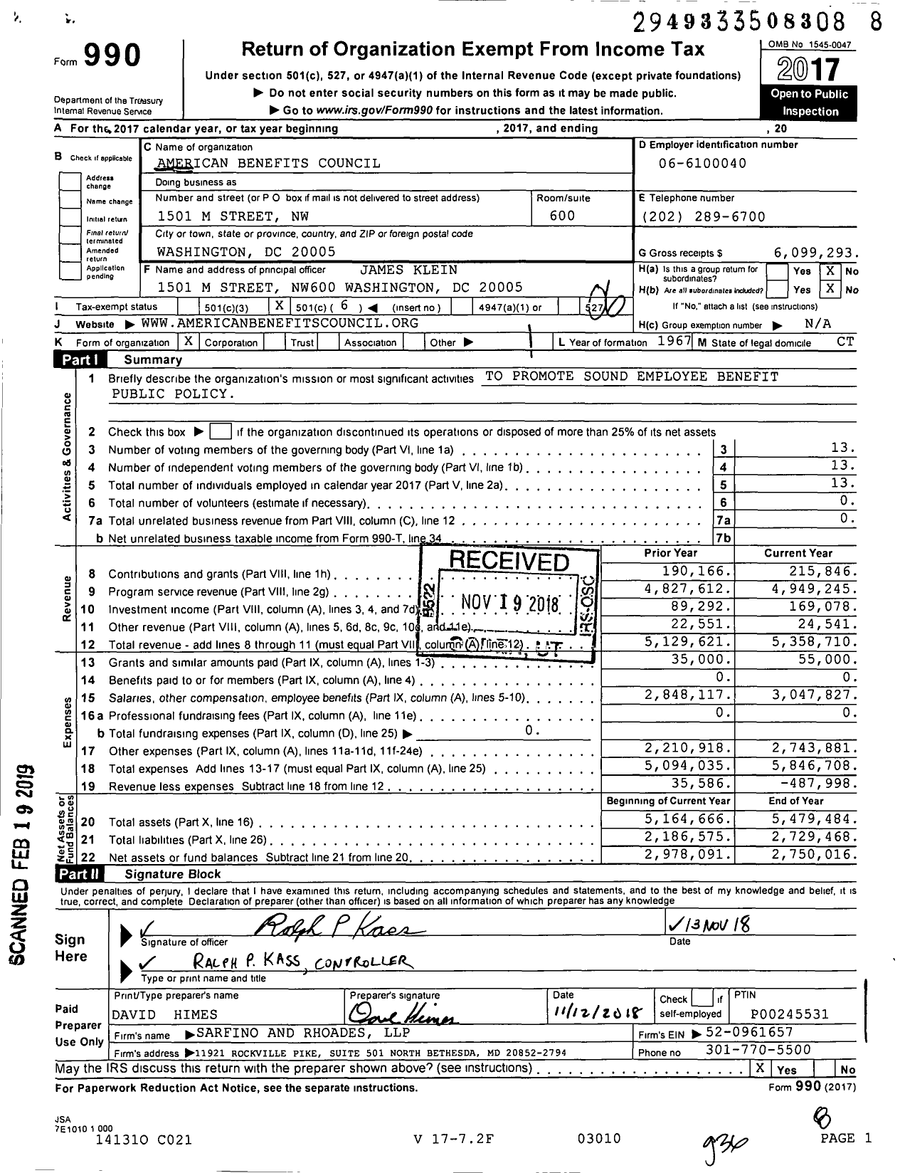 Image of first page of 2017 Form 990O for American Benefits Council