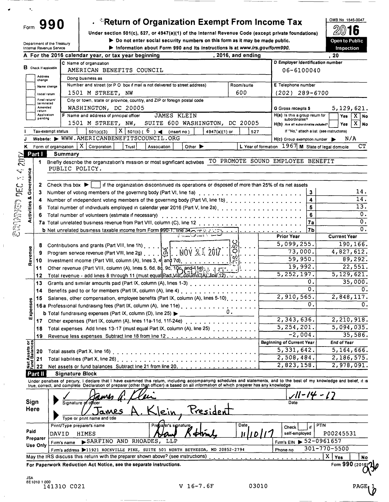 Image of first page of 2016 Form 990O for American Benefits Council