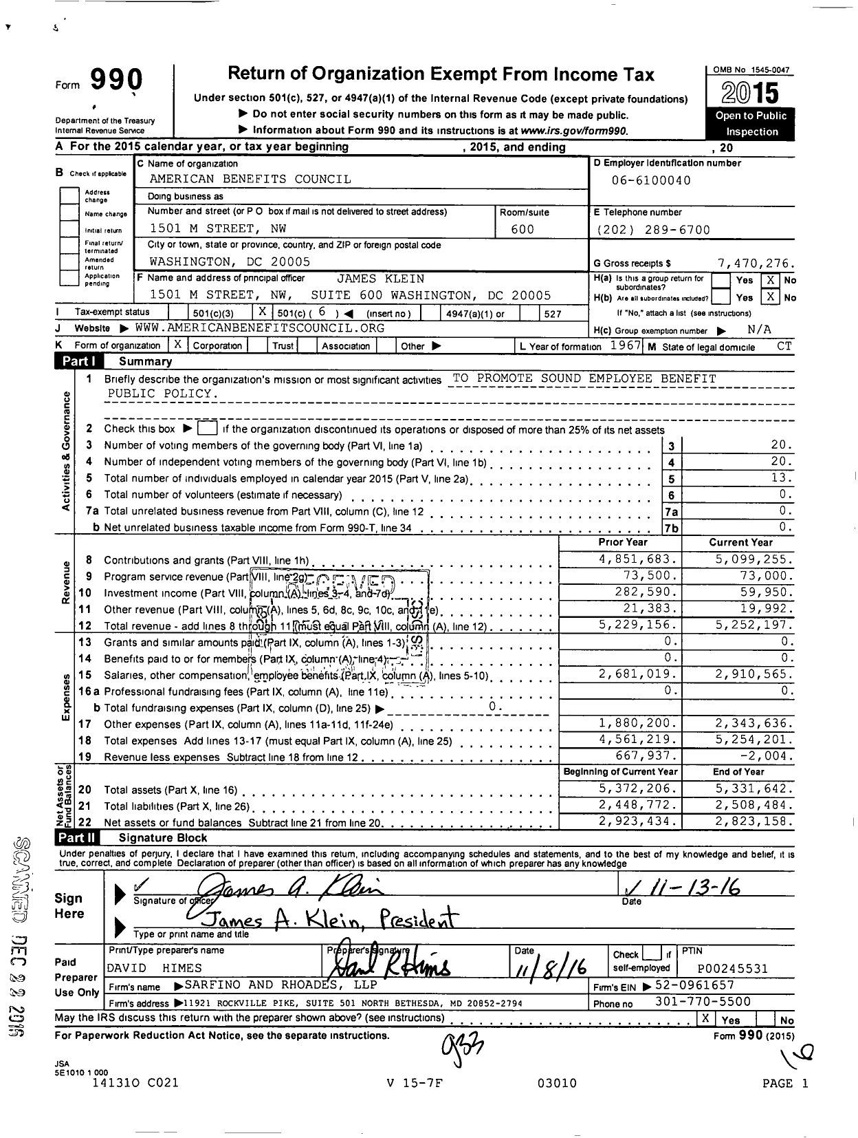 Image of first page of 2015 Form 990O for American Benefits Council