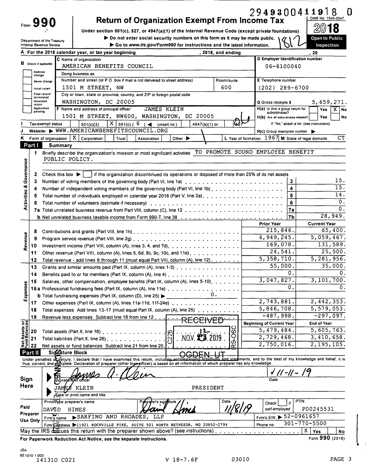 Image of first page of 2018 Form 990O for American Benefits Council