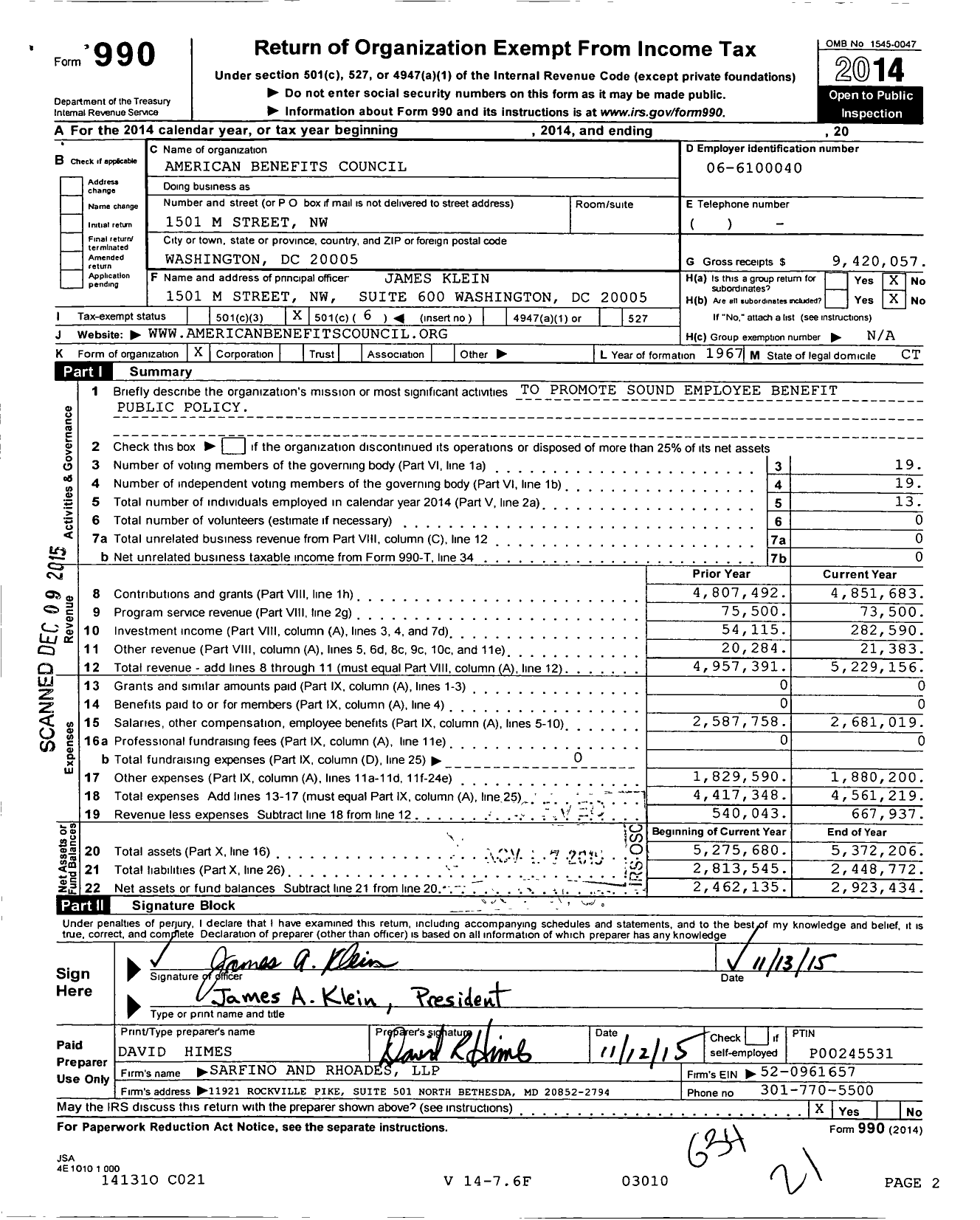 Image of first page of 2014 Form 990O for American Benefits Council