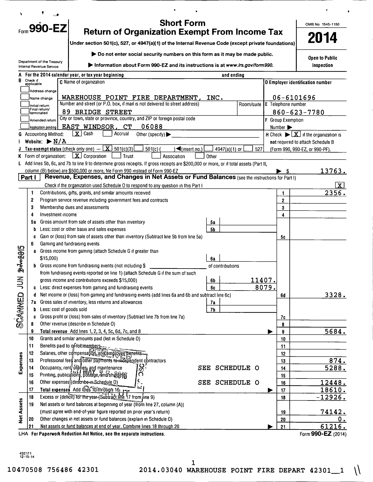 Image of first page of 2014 Form 990EZ for Warehouse Point Fire Department Incorporated