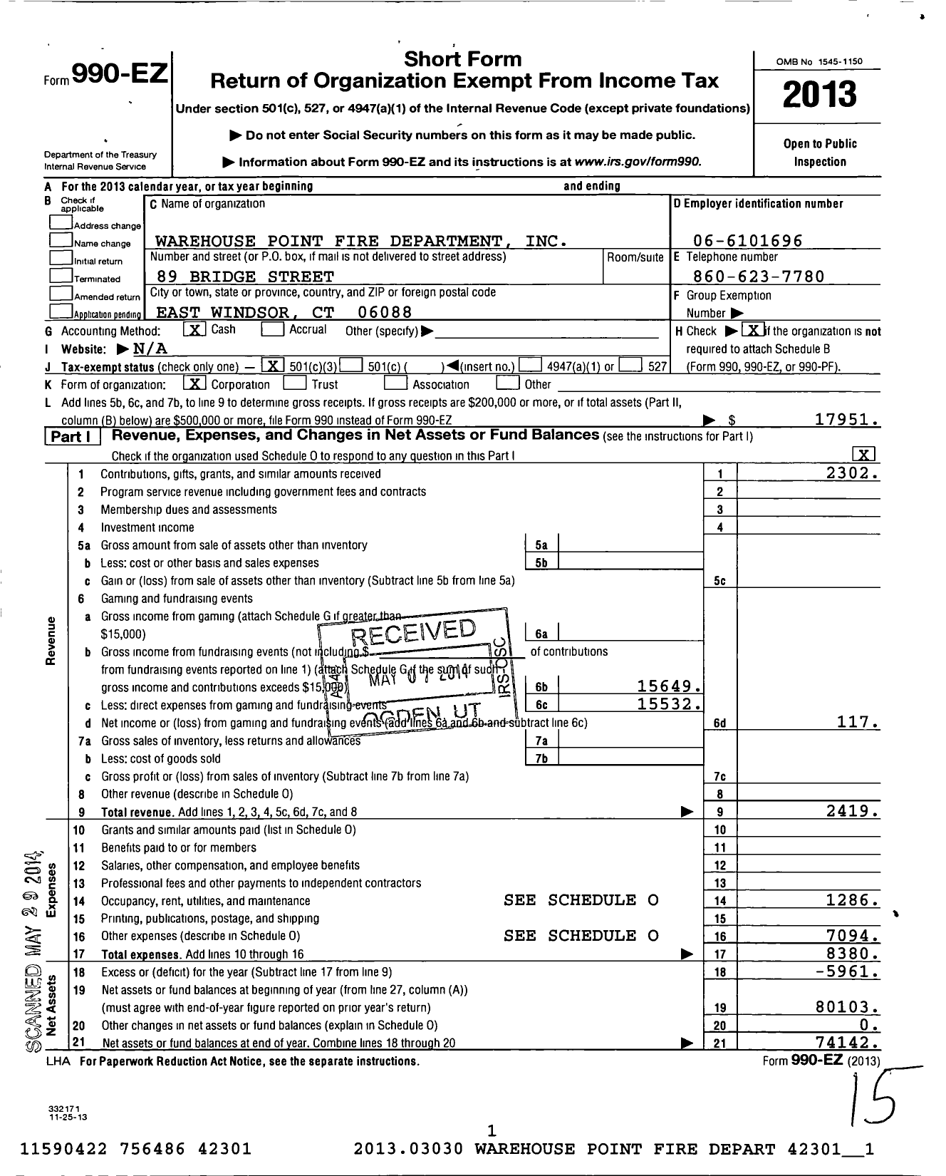 Image of first page of 2013 Form 990EZ for Warehouse Point Fire Department Incorporated